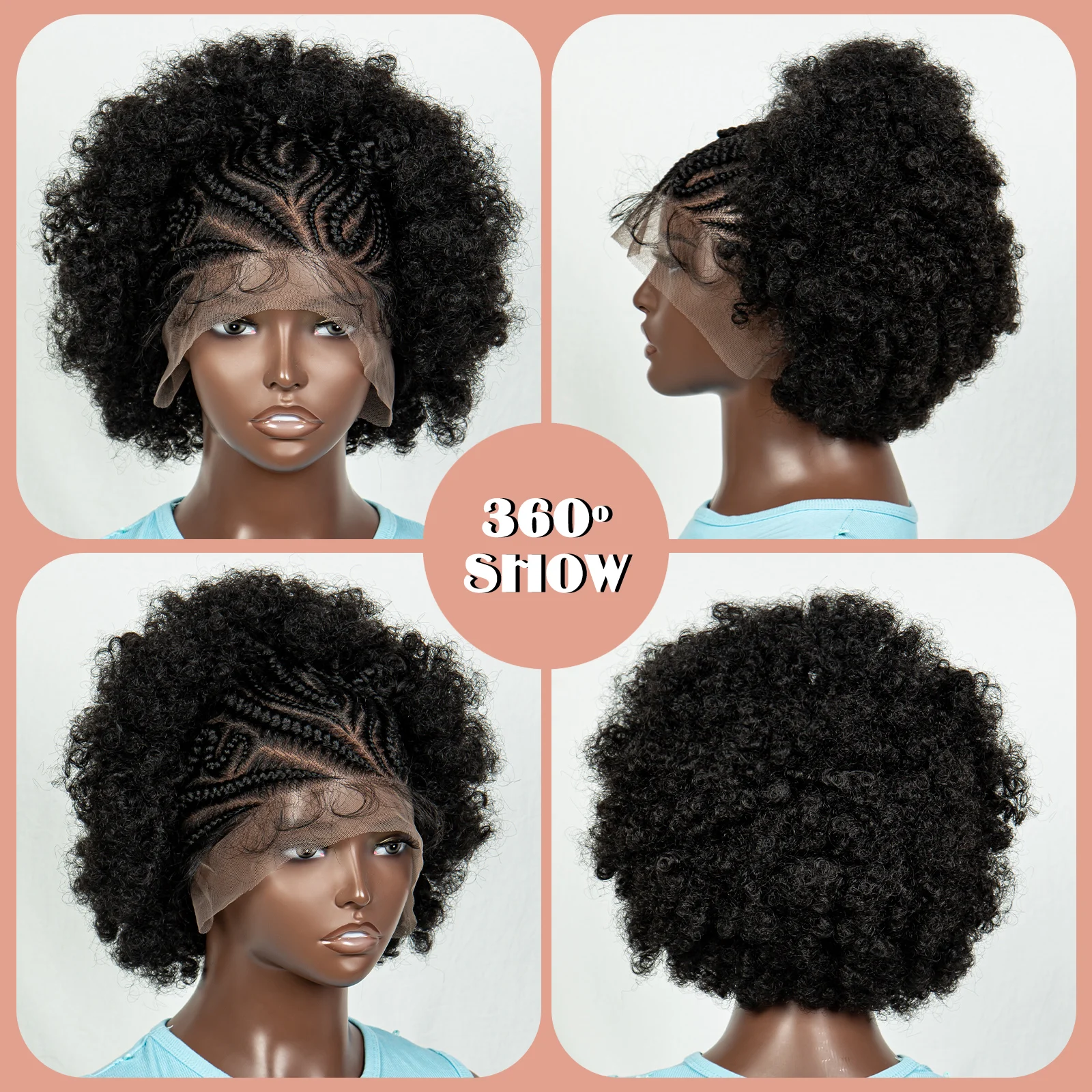 Renda sintetis Wig kepang depan Wig kepang keriting pendek untuk wanita hitam Wig kepang kotak tanpa konless Wig rambut keriting keriting Afro