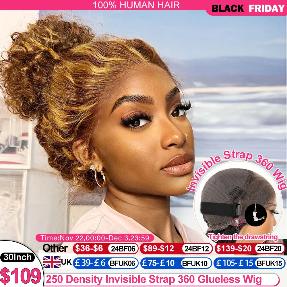 250 Density Invisible Strap Highlight 360 Full Lace Front Wig Pre Plucked 30 Inch Glueless Wig Deep Wave Frontal Wig Human Hair