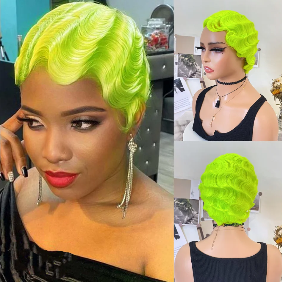 WIGERA Fluorescent Green Finger Wave Wig Synthetic Color Short Curly Wigs For Women Nuna 1920s Cosplay Halloween Party Daily Use