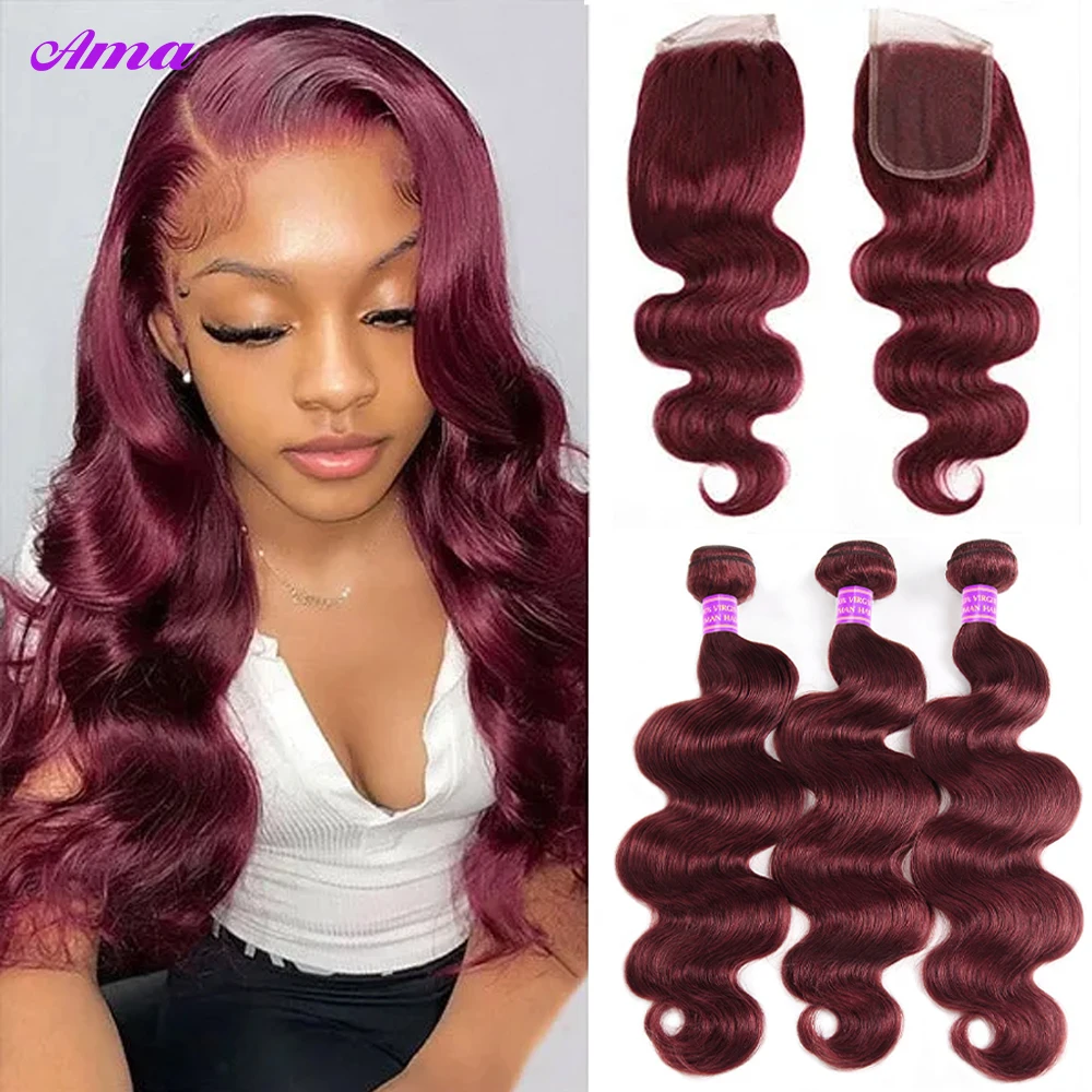 5x5 Closure With Bundles 99j Burgunday Body Wave Bundles With Closure 3/4PCS Colored Human Hair Bundles With Closure 4x4 Inch