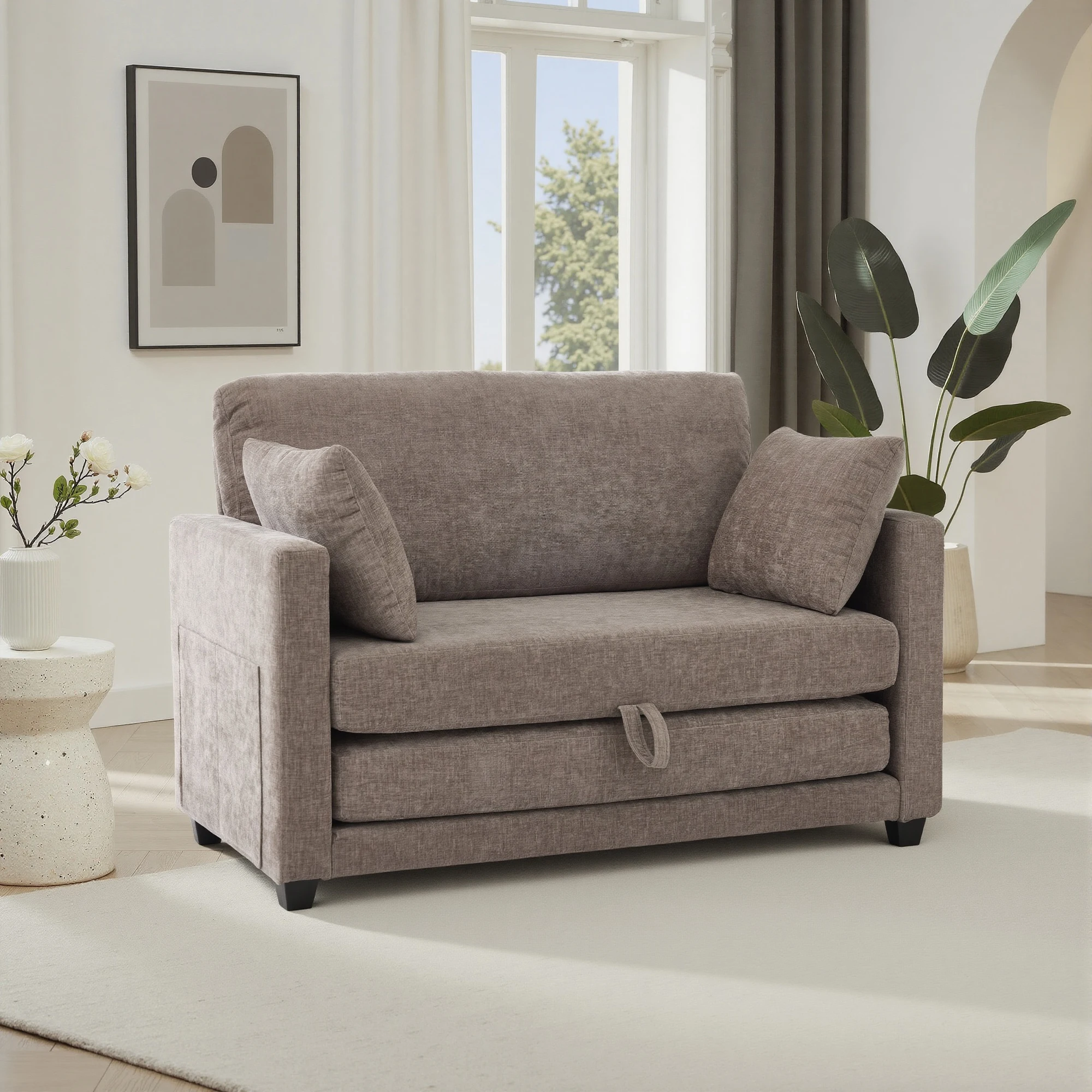 2‑in‑1 Pull‑Out Sleeper Sofa Bed, Fabric Loveseat Couch with Solid Wood Frame, Vacuum Packed No Assembly Sofa for Small Apartment Guest Room