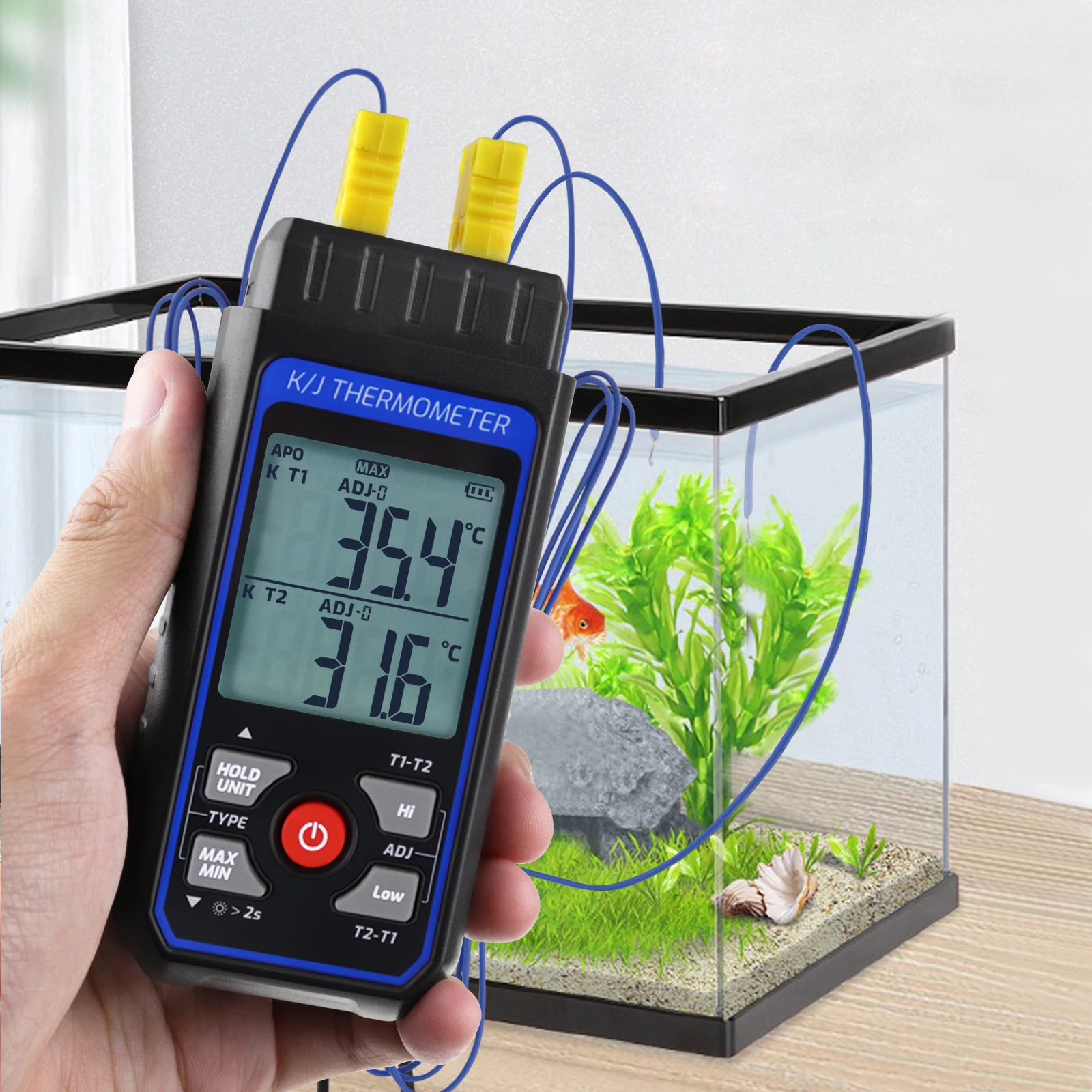 Imagem -03 - Termômetro Termopar Digital tipo k j para Medição de Temperatura Digital T1-t2 com Luz de Fundo e Compensação de Temperatura