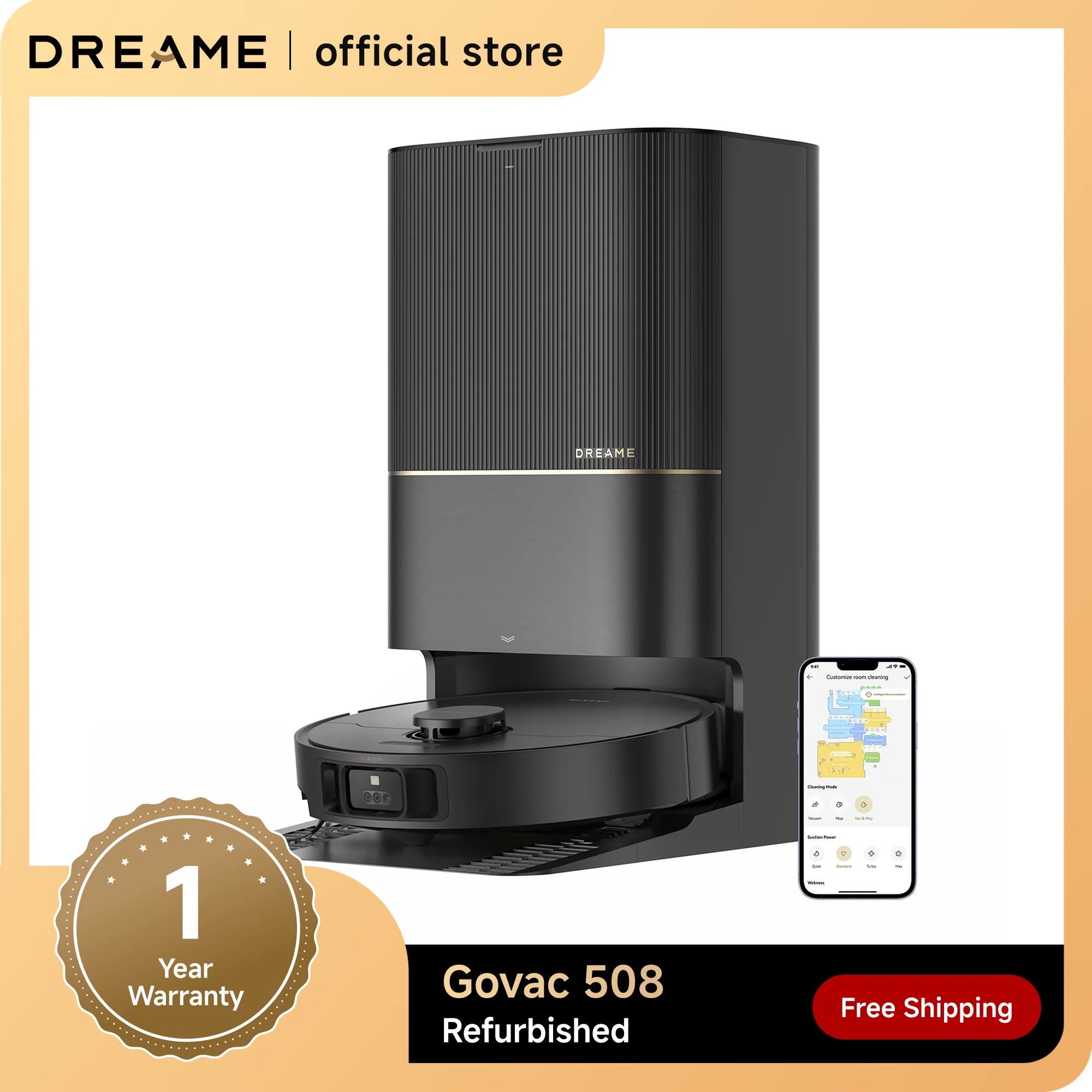 Refurbished DREAME Govac 508 Robotic Vacuum with Removable & Liftable Mop, 12,000Pa Suction, Side Brush Extensive Cleaning, 158°F Mop & Washboard Self Cleaning, Auto-Empty, Auto Refill, liftable Brushes