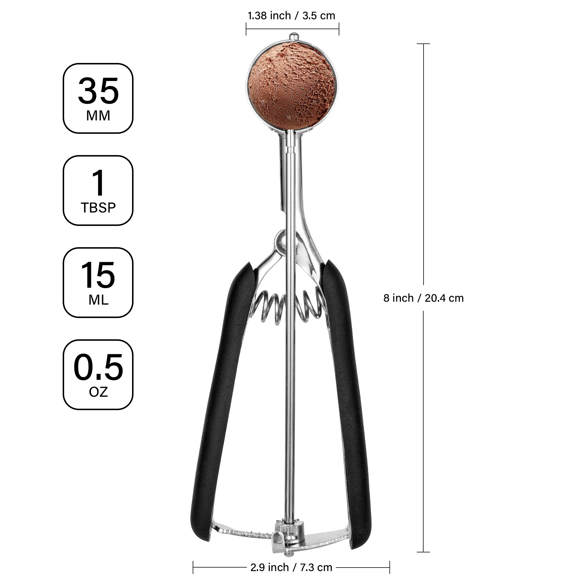 مغرفة آيس كريم صغيرة احترافية من الفولاذ المقاوم للصدأ 35 مم، مغرفة بولر البطيخ، مقابض ناعمة جيدة، إطلاق الزناد السريع