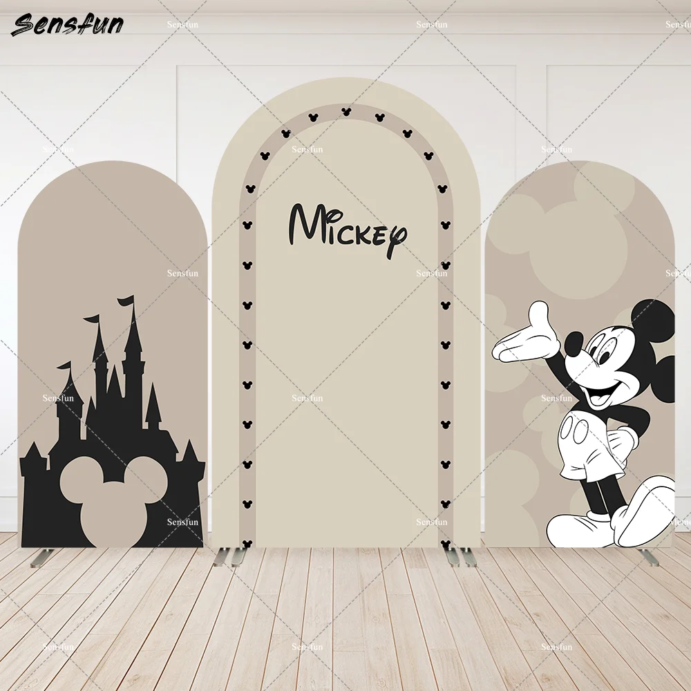 

Cartoon Vintage Mickey Mouse Boy Birthday Arch Backdrop Covers Black and White Mickey Baby Shower Arched Wall Party Decoration