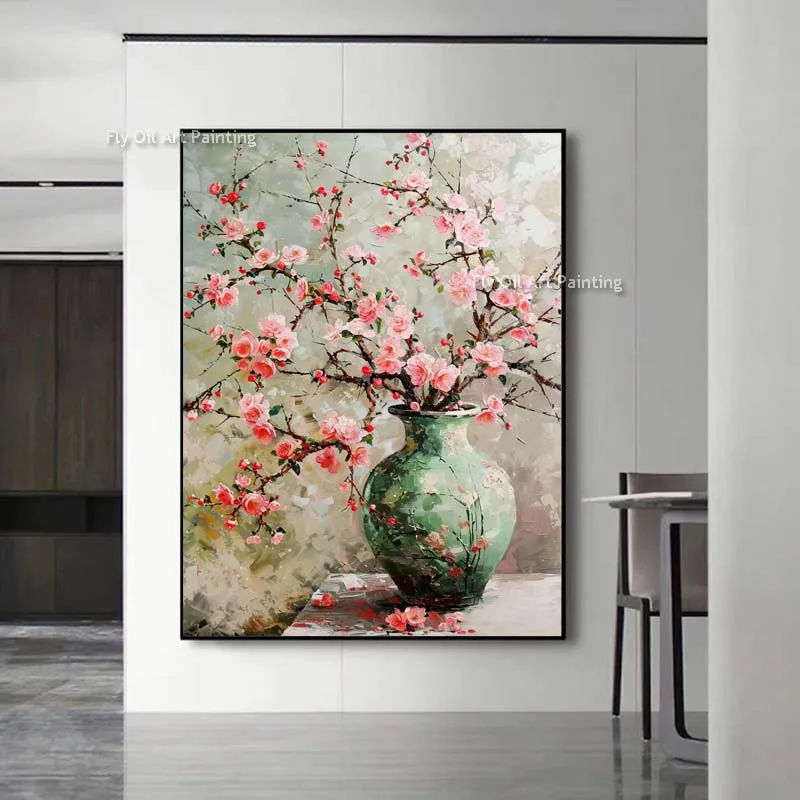 Blossom Flowers Oil Painting Abstract Flower Canvas Painting Pink Flowers Art Peach Floral  Palette Knife Painting For Decor