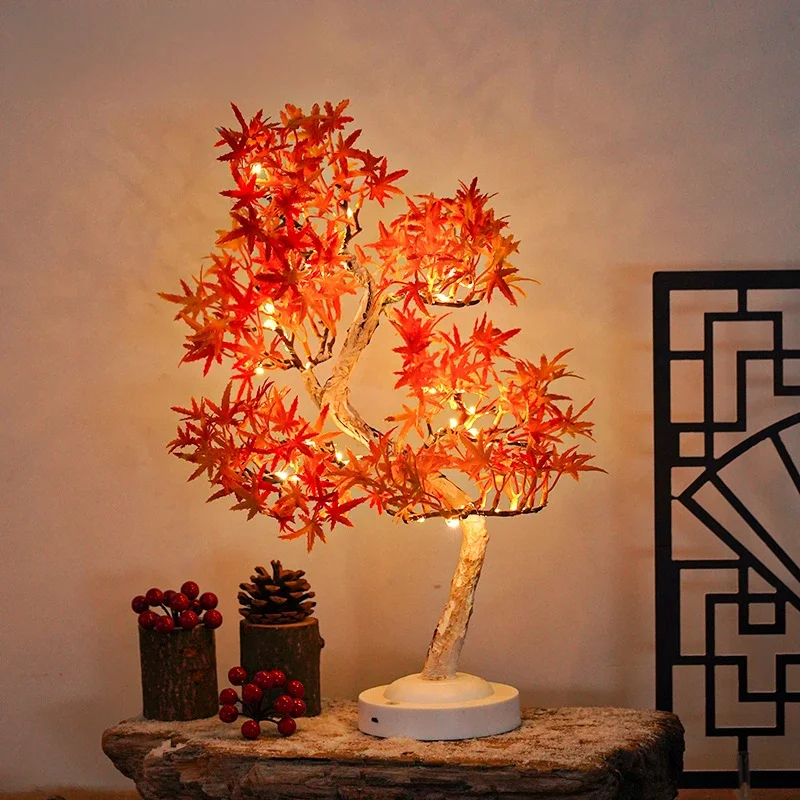 Artificial Bonsai Tree Lights Table Decor Maple Leaves Tree Fairy Lamp, Battery/USB Operated LED Night Light, for Camping Decor
