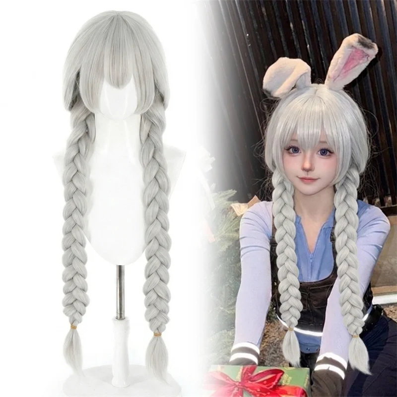 Anime Rabbit Bunny Officer Cosplay Wig Silver Long Double Braids Hair Heat Resistant Synthetic Halloween Party Carnival Prop