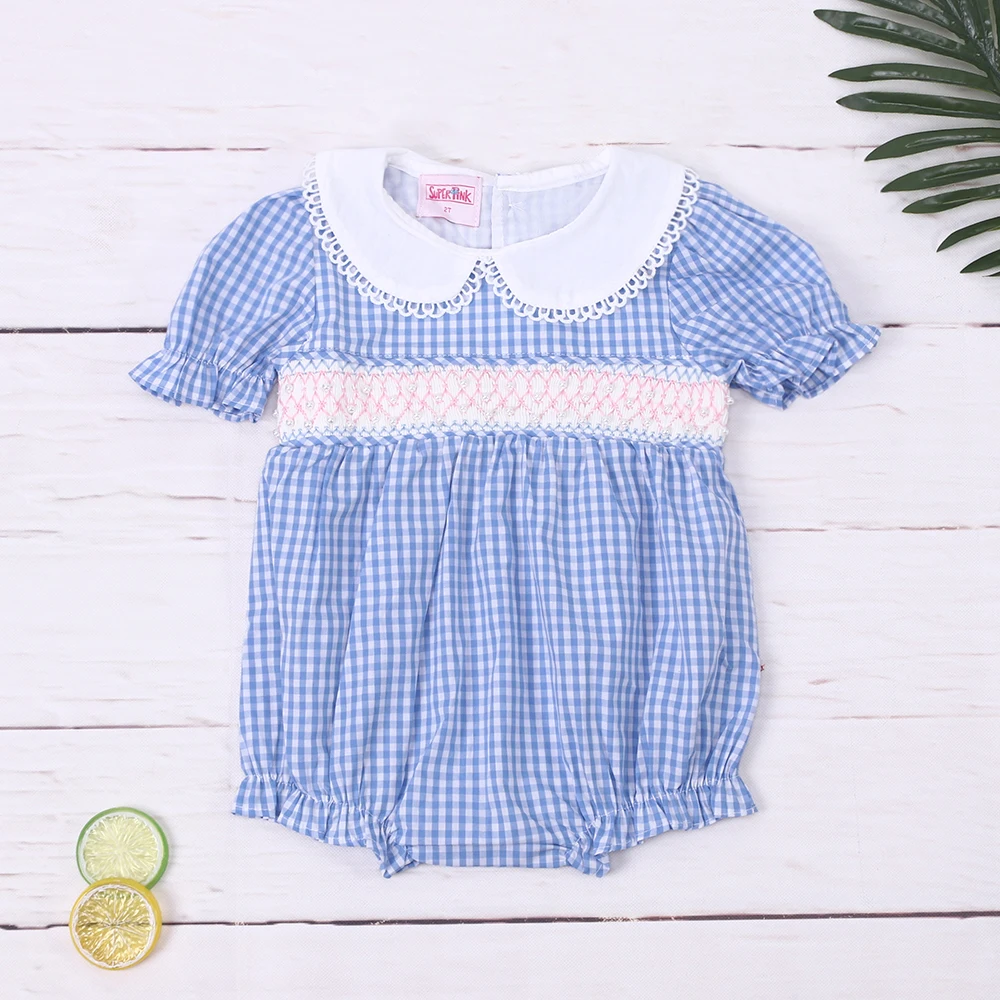 Vestido de manga corta para niña, mono de cuello redondo, adorno de perlas pequeñas, mono de celosía azul, ropa de una pieza, Verano