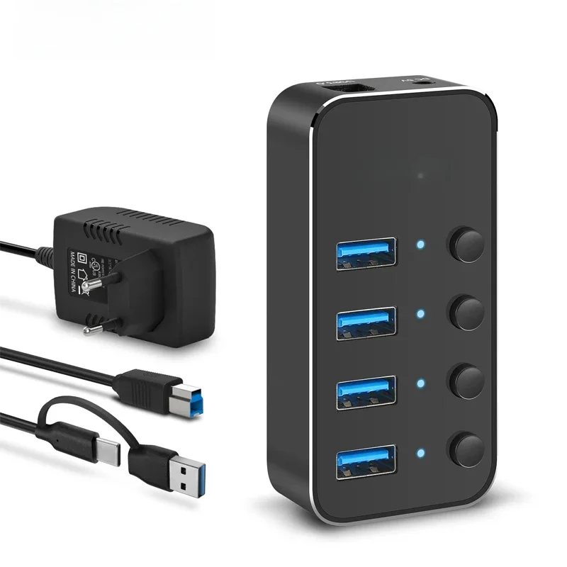 Hub USB alimenté RSHTECH 5Gbps séparateur USB en aluminium Hub d'extension USB3.0 avec câble USB Type A/C 2 en 1 adaptateur d'alimentation 5V/2A