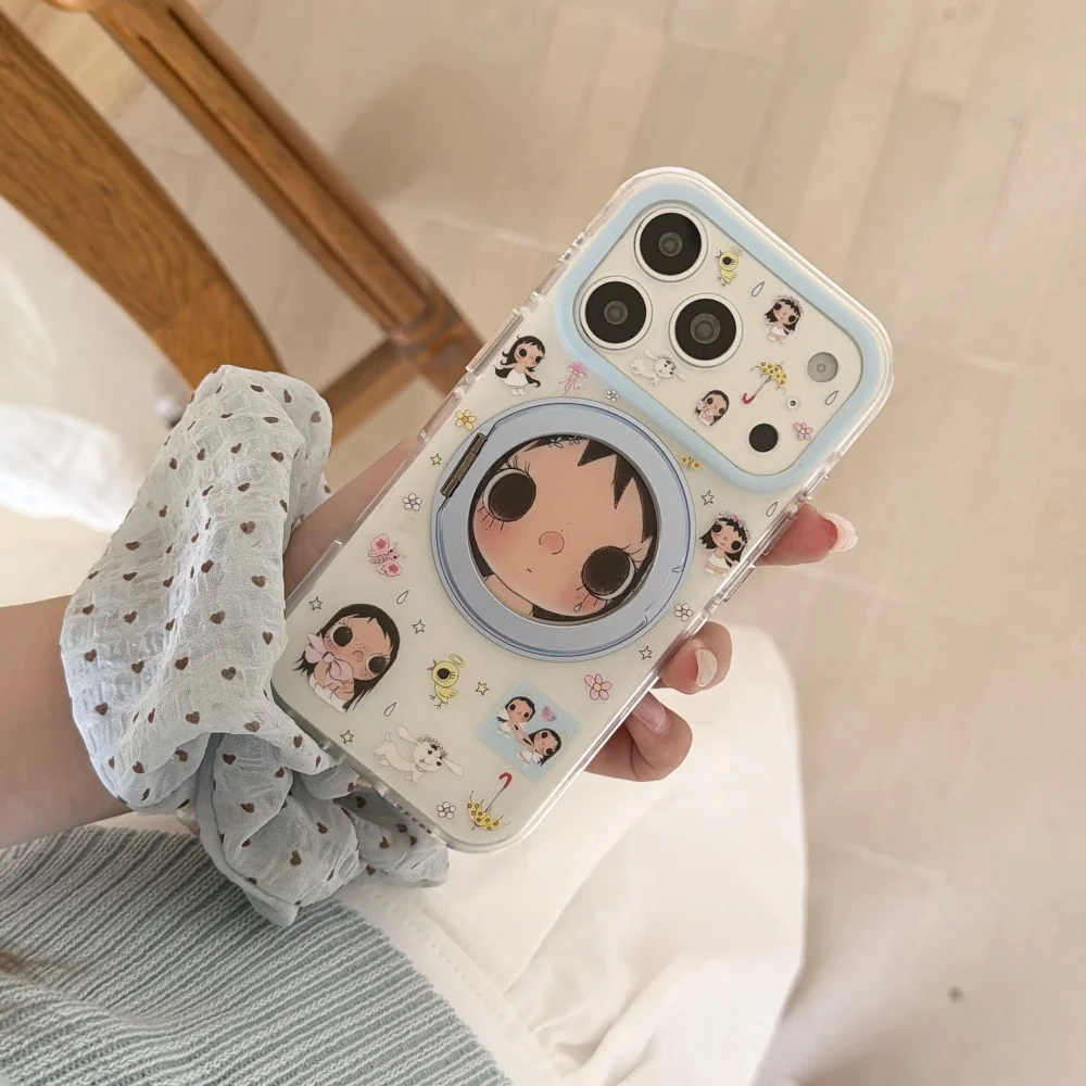 Cute Cartoon Big Eyes Girl  Yuyu Printed Phone Case with Magnetic Stand for iPhone 17 Pro Max 16Max 15Pro Kawaii Shockproof Case