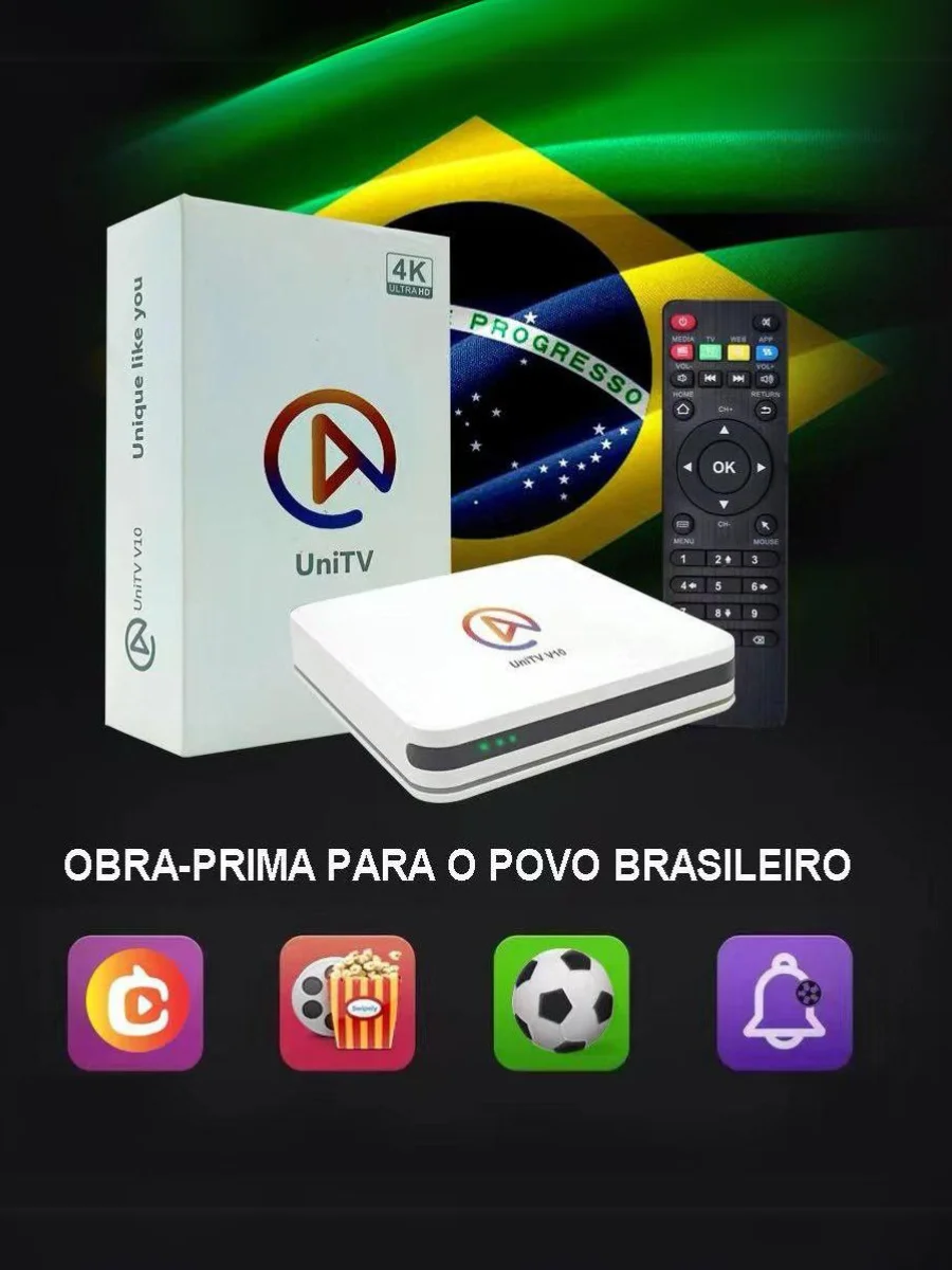 Embalagem do UniTV V10 com o aparelho e controle remoto sobre fundo com a bandeira do Brasil