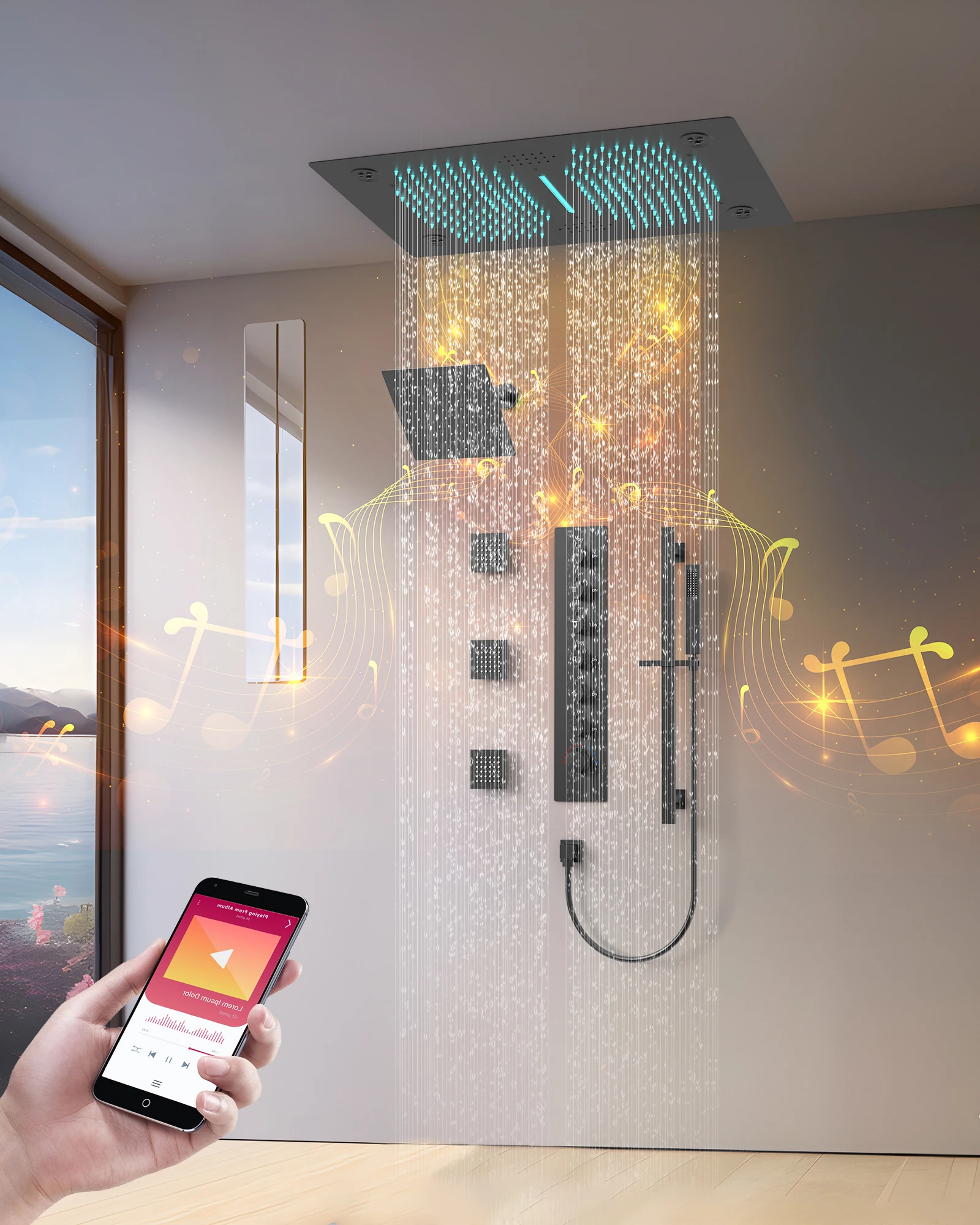 EVERSTEIN Thermostatic Bluetooth Music LED Shower System Muti Functions Shower Dual Heads Faucet with Handheld Rough-in Valve