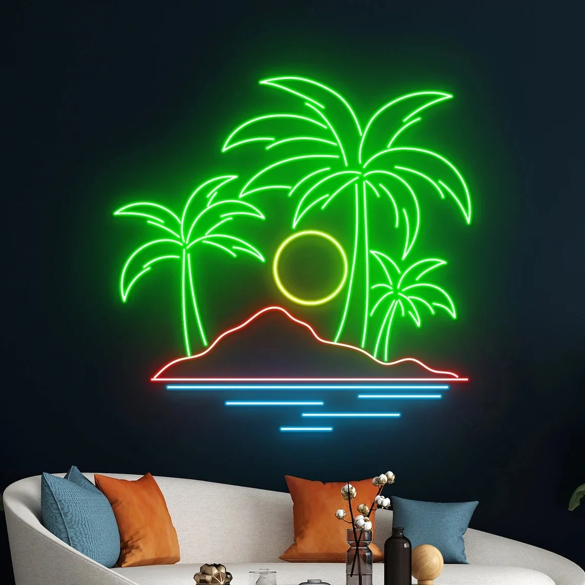 Sun Ocean Waves Palm Tree Neon Sign Beach Mountain Neon Sign Holiday Neon Tropical Sea Island Pool Room Wall Decor Neon Sign