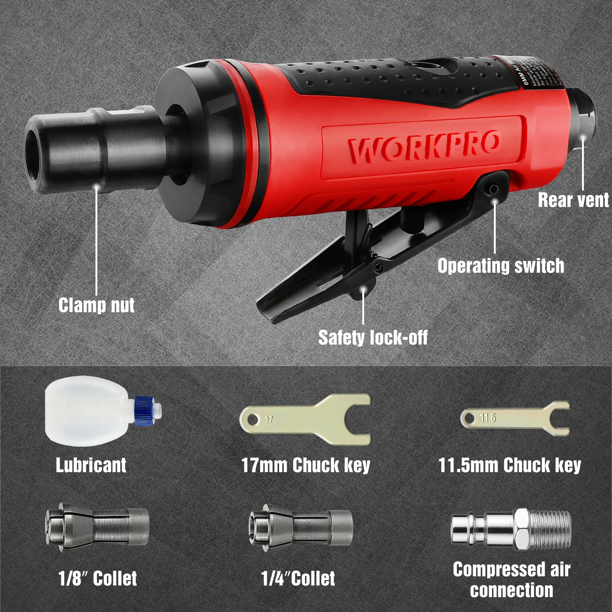 WORKPRO 1/4 Inch Pneumatic Air Die Grinder Mill Engraving Polishing  Cutting 25000RPM Air Angle Die Grinder Pneumatic Tools