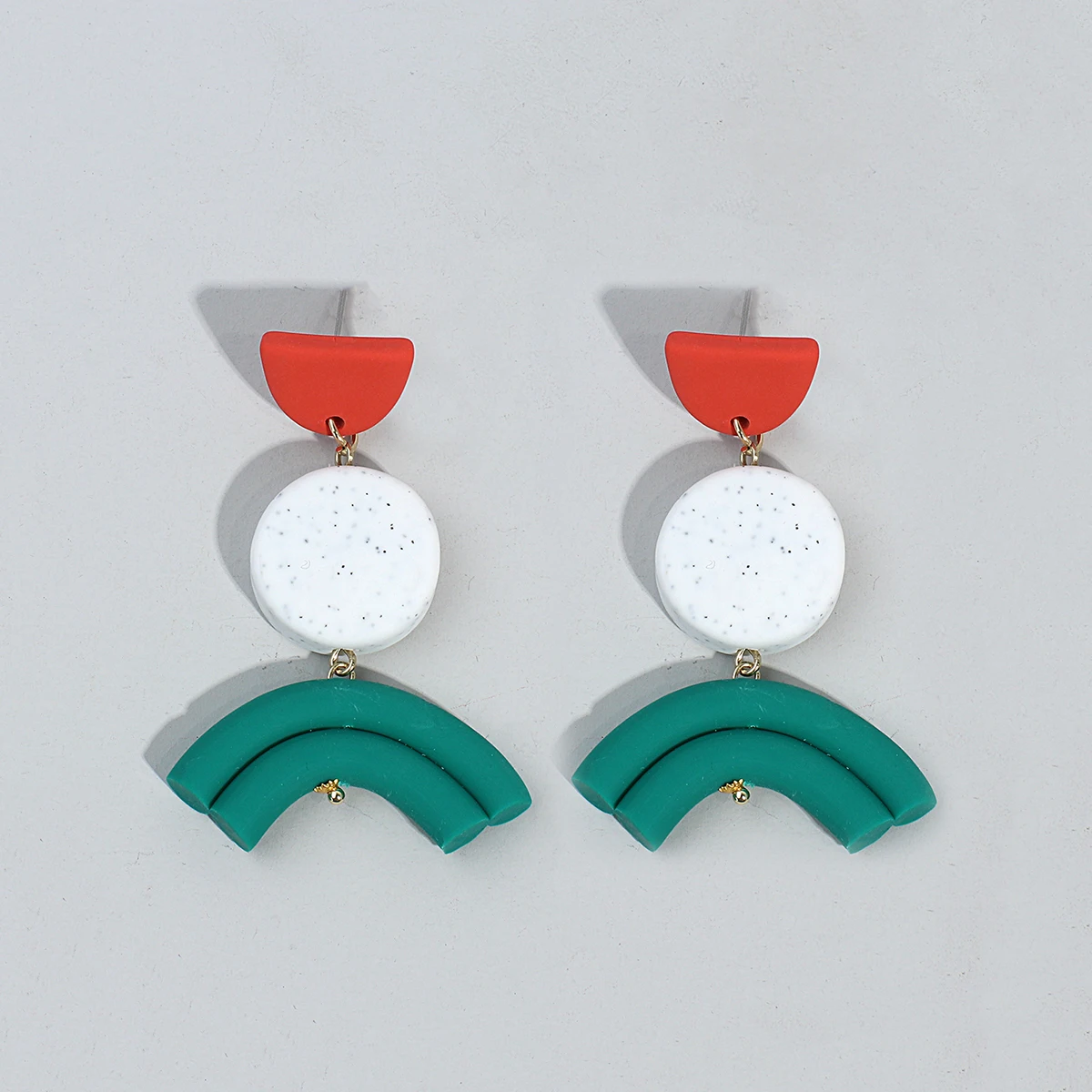 AENSOA Handmade Green Strip Arched Polymer Clay Drop Earrings for Women Speckle White Geometric Layered Hanging Earrings Jewelry