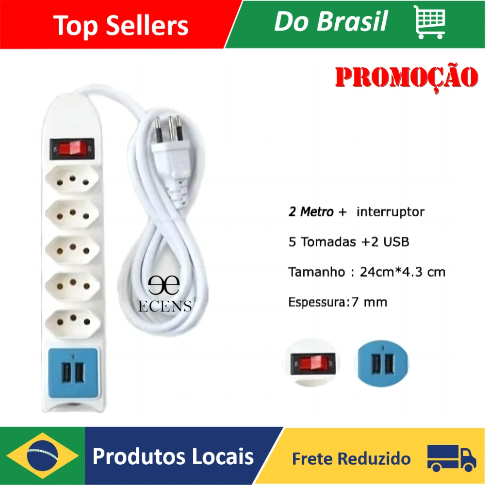 EC-034205 Filtro De Linha Extensão Régua 5 Tomadas 2 Metros 2 Usb 8205