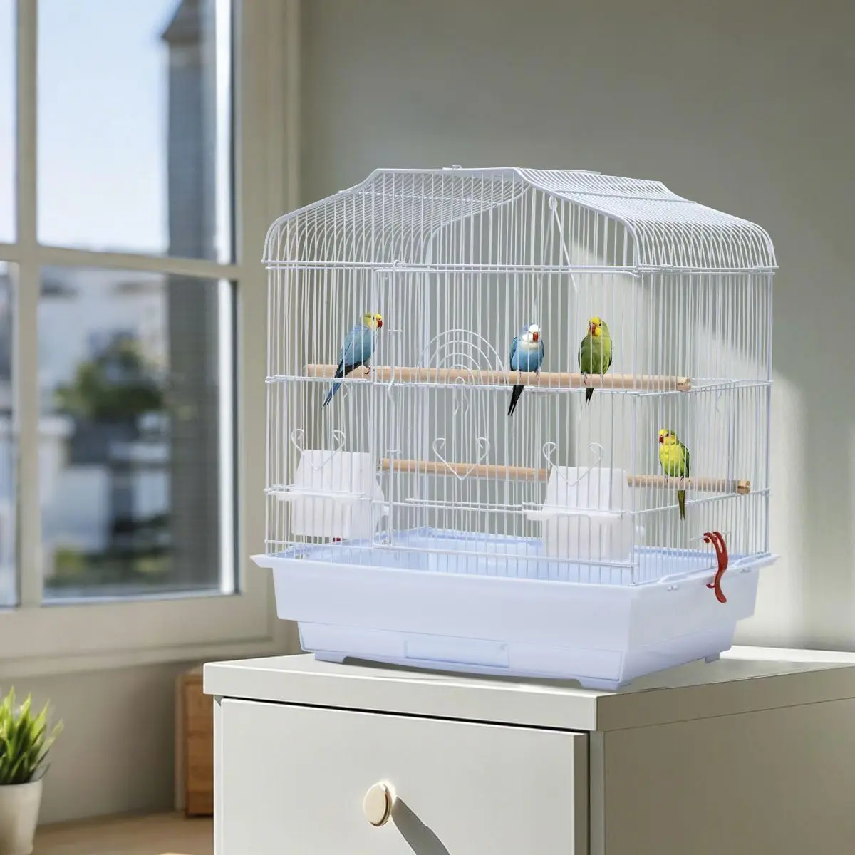 Tragbarer Vogelkäfig aus Metall mit Griff, 2 Sitzstangen, Schaukel und Futternapf für Papageien und Sittiche