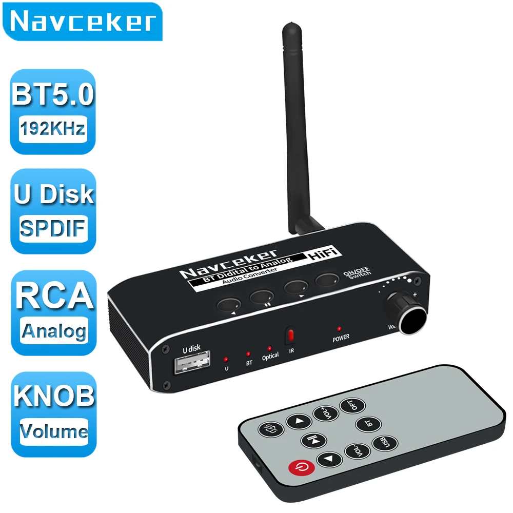 

Navceker DAC Digital to Analog Audio Converter With Bluetooth Receiver Optical Toslink USB Disk to RCA 3.5mm Jack Stereo Adapter