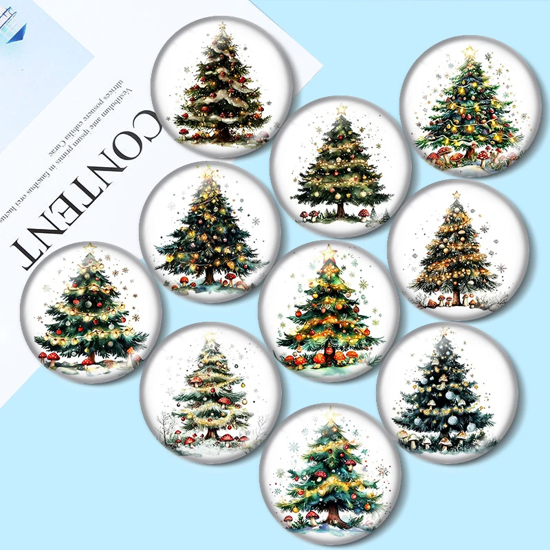 Christmas Trees Watercolor 10pcs 12mm/18mm/20mm/25mm Round photo glass cabochon demo flat back Making findings
