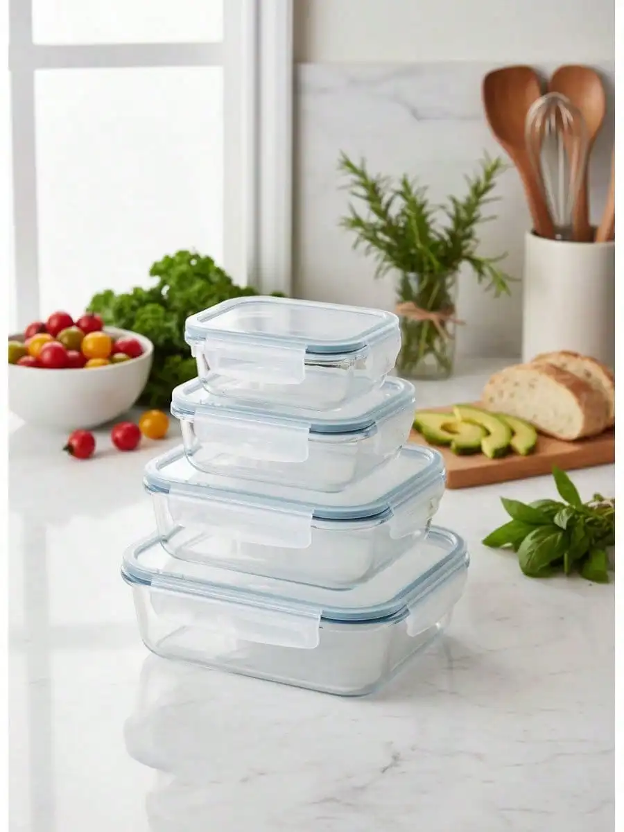 BLOOM-Set 4 fiambreras borosilic rectangulares 370-640-1000-1500ml,recipientes de vidrio con tapas — oferta en AliExpress