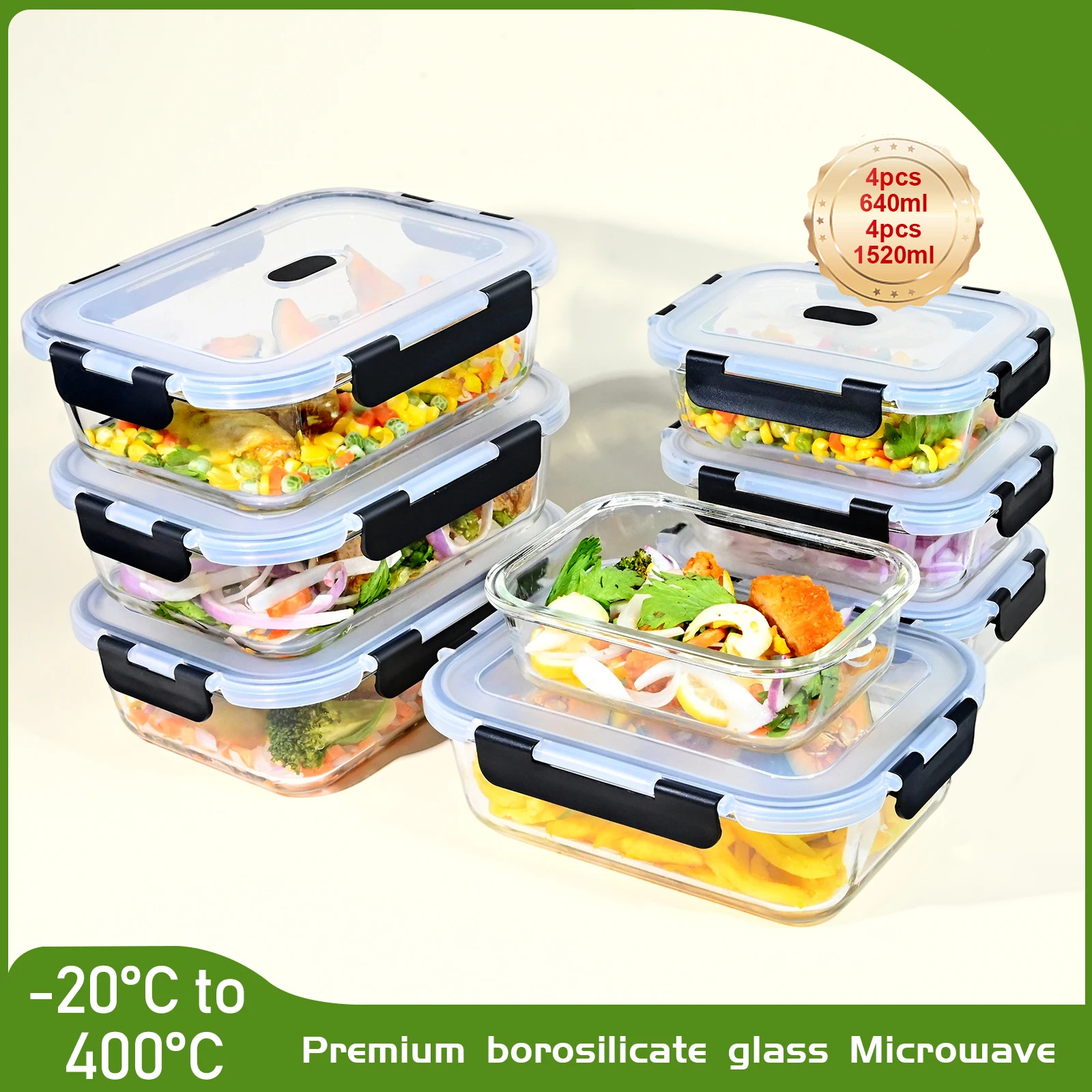 Contenedores de vidrio para almacenamiento de alimentos de 1520/640 ml, juego de recipientes herméticos con válvulas de liberación de vapor, sin BPA, cajas de almacenamiento de cocina