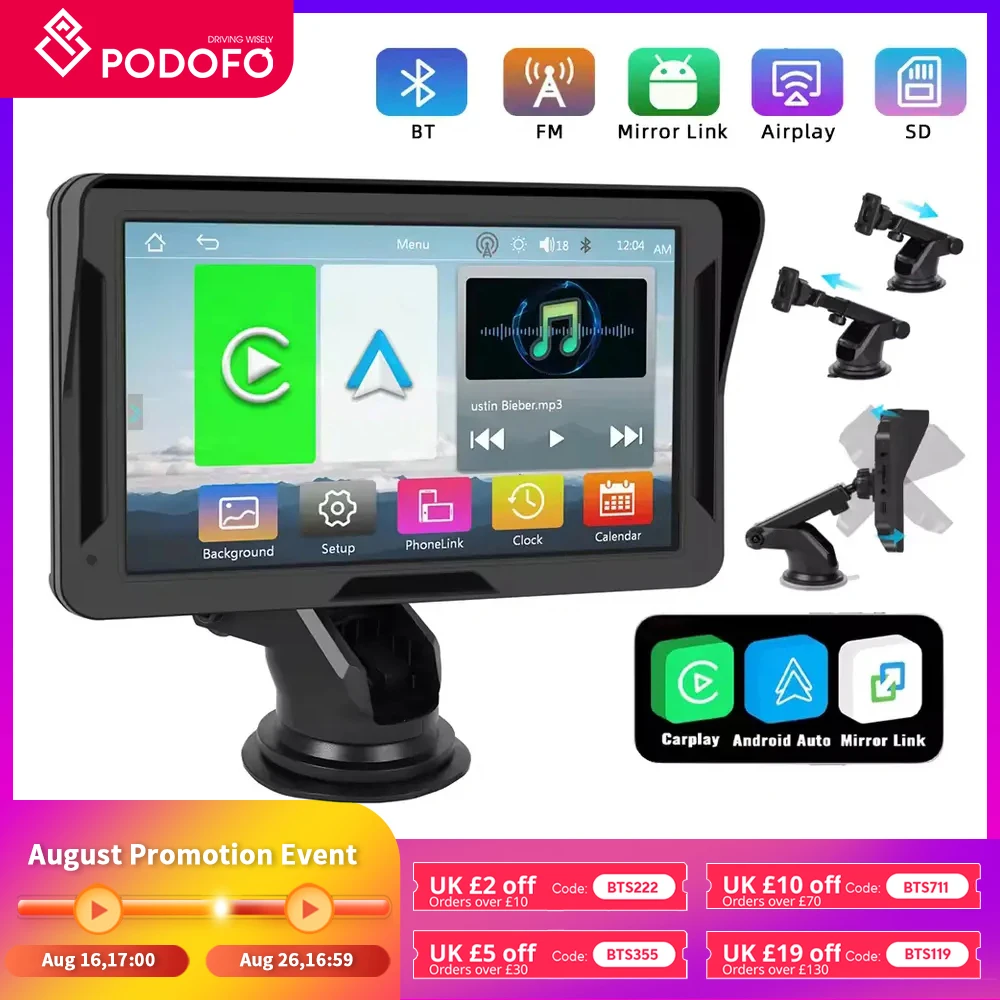 Podofo 7inch Portable CarPlay Android Auto Car Radio Multimedia Video Player Touch Screen Bluetooth With AUX USB MP5 Player