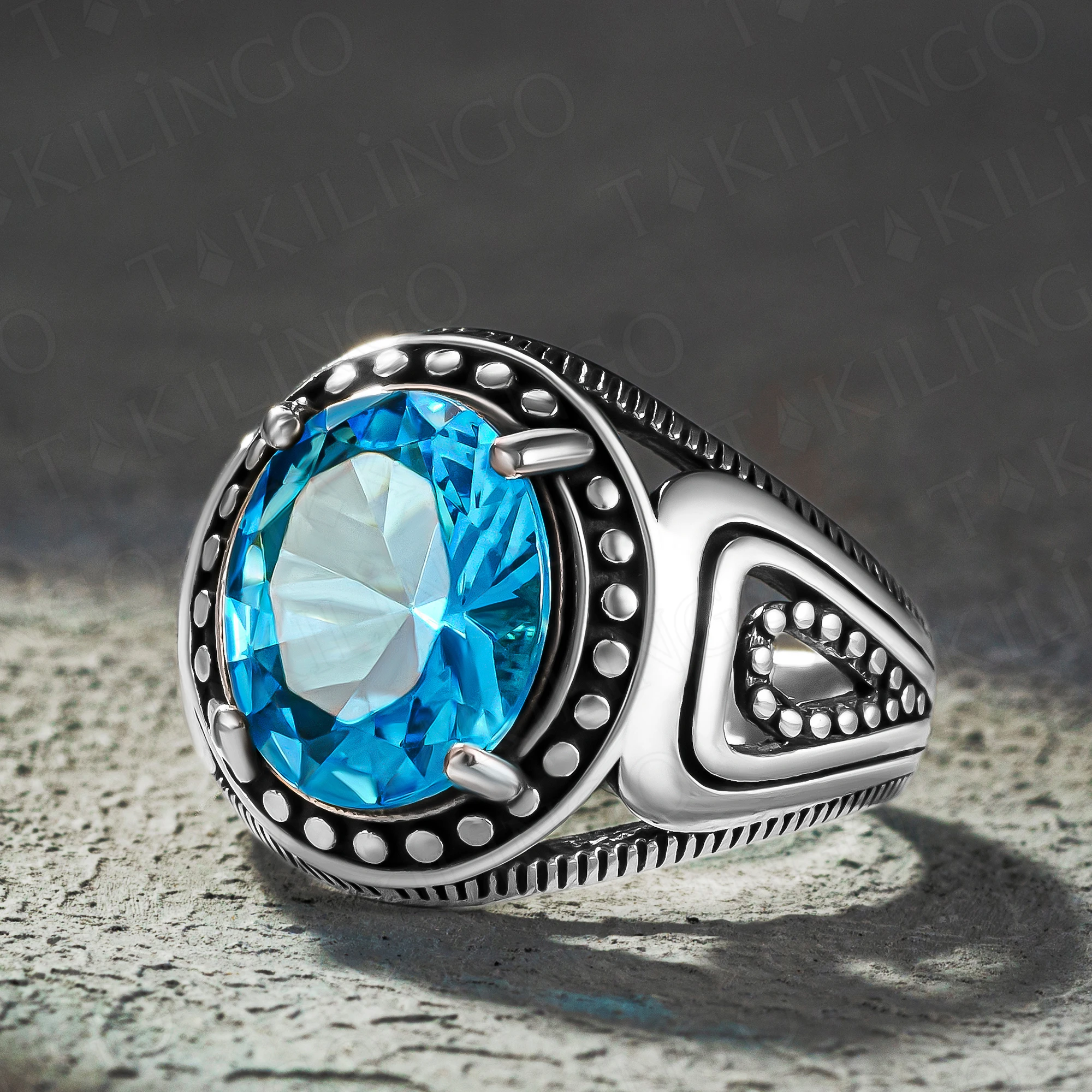 

Solid 925 Sterling Silver Blue Topaz Aquamarine Stone Men's Ring