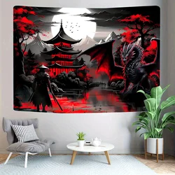 Japanese Anime Samurai & Dragon Tapestry, Red & Black Medieval Fantasy Wall Hanging, Sunset Mountain Landscape Tapestry