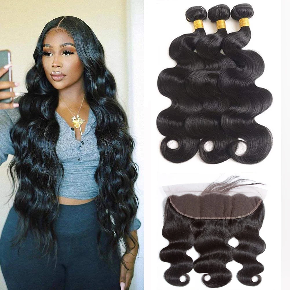 Body Wave Bundles With Frontal 13x4 HD Transparent Lace Frontal 3 Bundles 100% Natural Human Hair Extensions Brazilian Real Hair