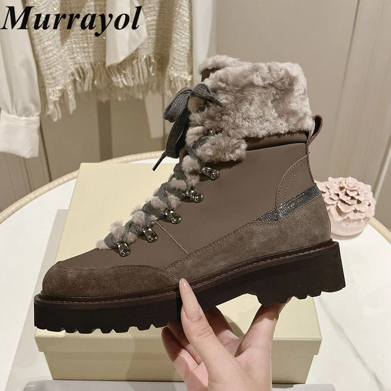 Snow Boots Women Real Leather Wool Lining Flat Thick Bottom Short Boots Winter Round Toe Lace Up Mid Calf Booties Vacation Shoes view 3