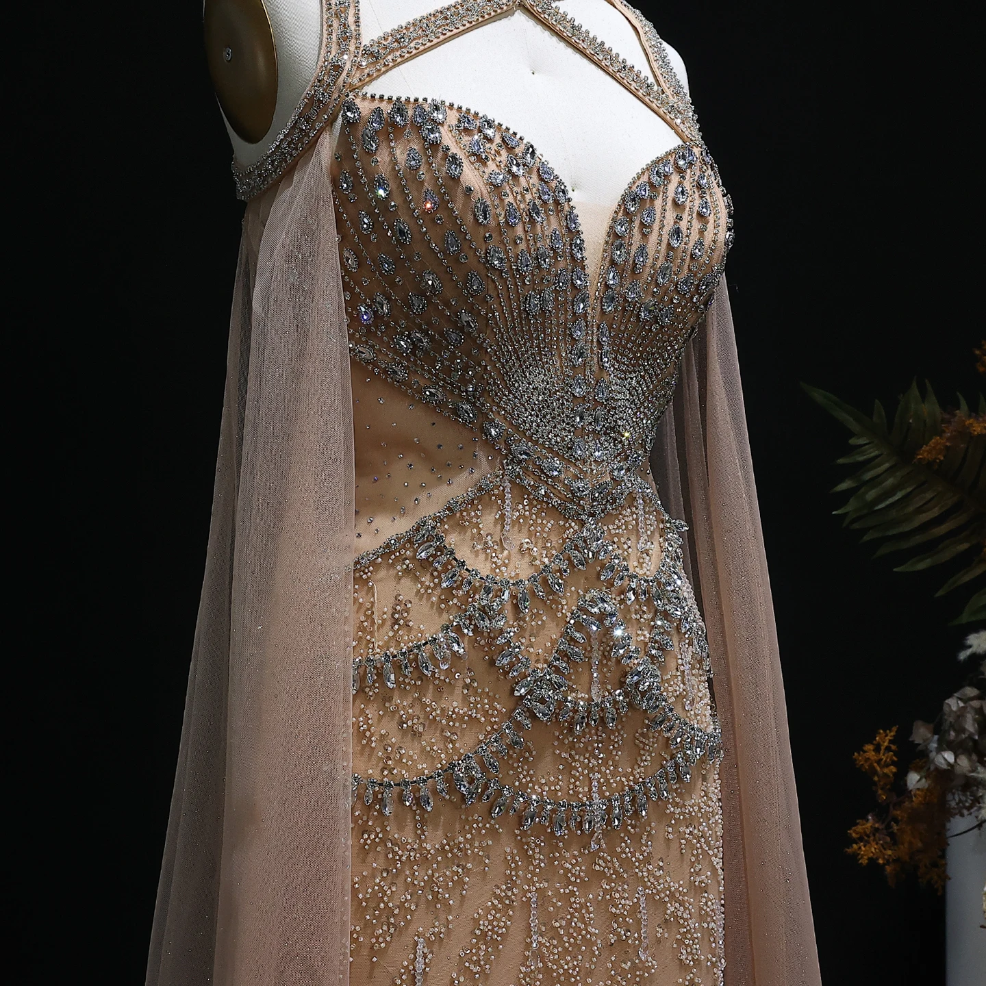 Sharon SaidLuxury Kristall Arabisch Meerjungfrau Champagner Abendkleid mit Cape Ärmeln Elegantes Hochzeitskleid SS211 Maßgeschneidert