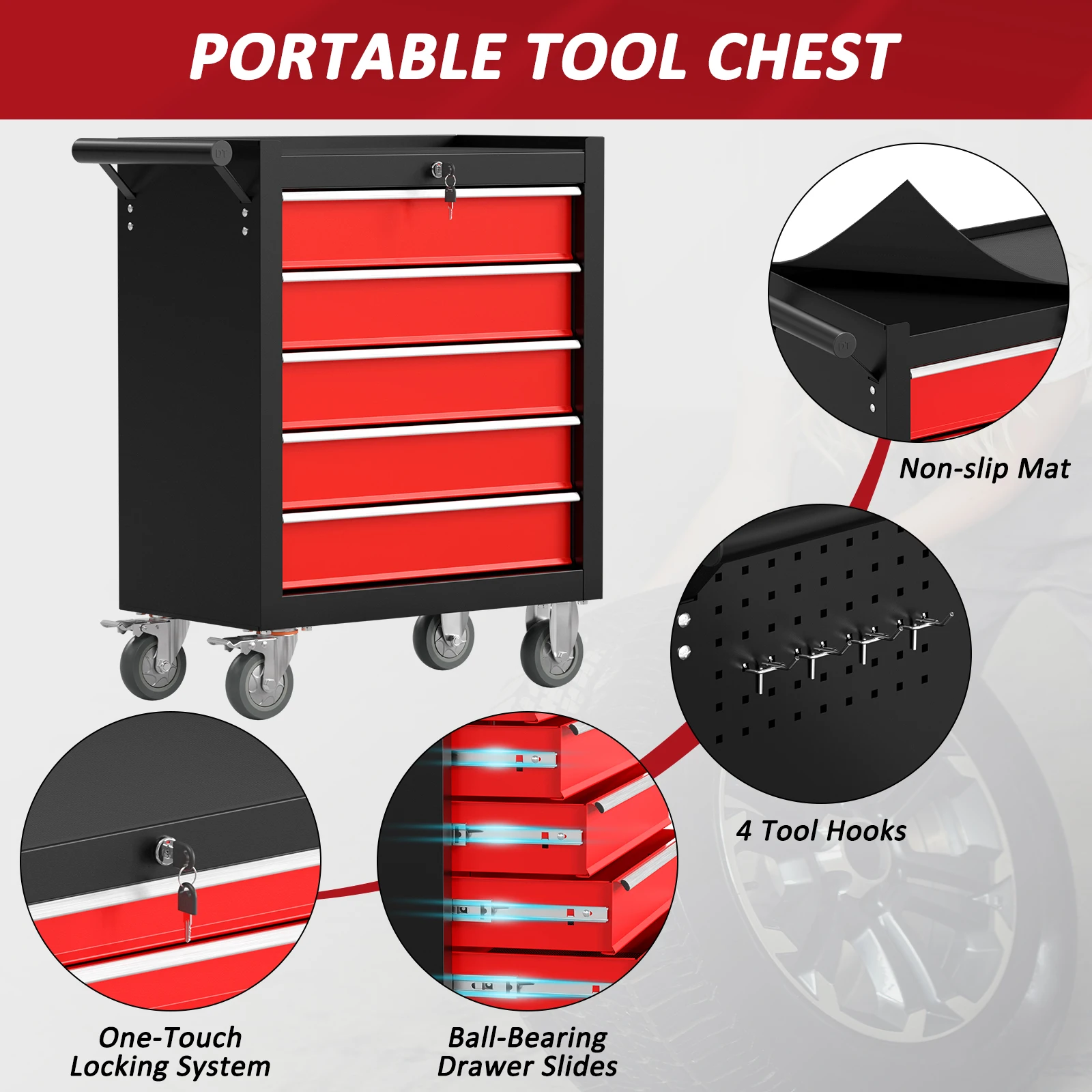 Cassettiera portautensili Kieperi a 5 cassetti con ruote, cassette portautensili portatili con ruote