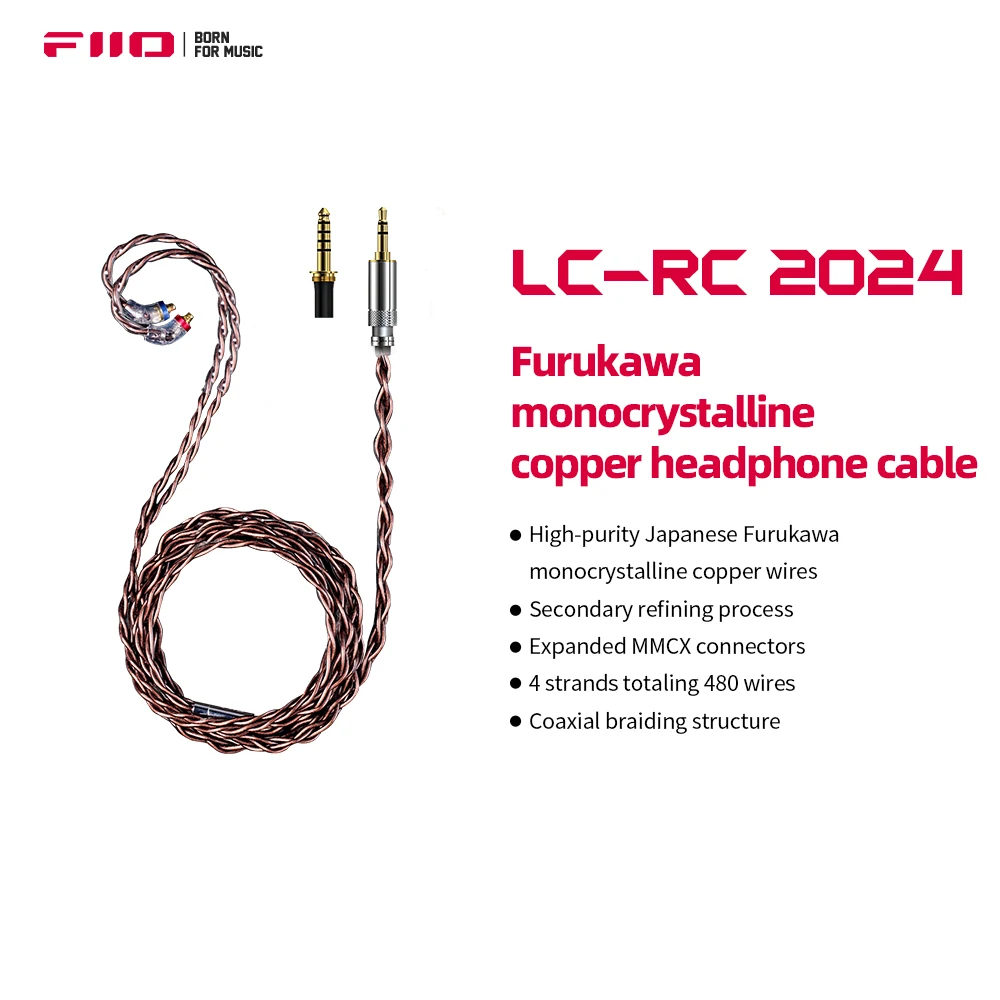 FiiO LC-RC 2024 headphone MMCX cable High-Purity silver-plated monocrystalline copper swappable plug 3.5mm/4.4mm