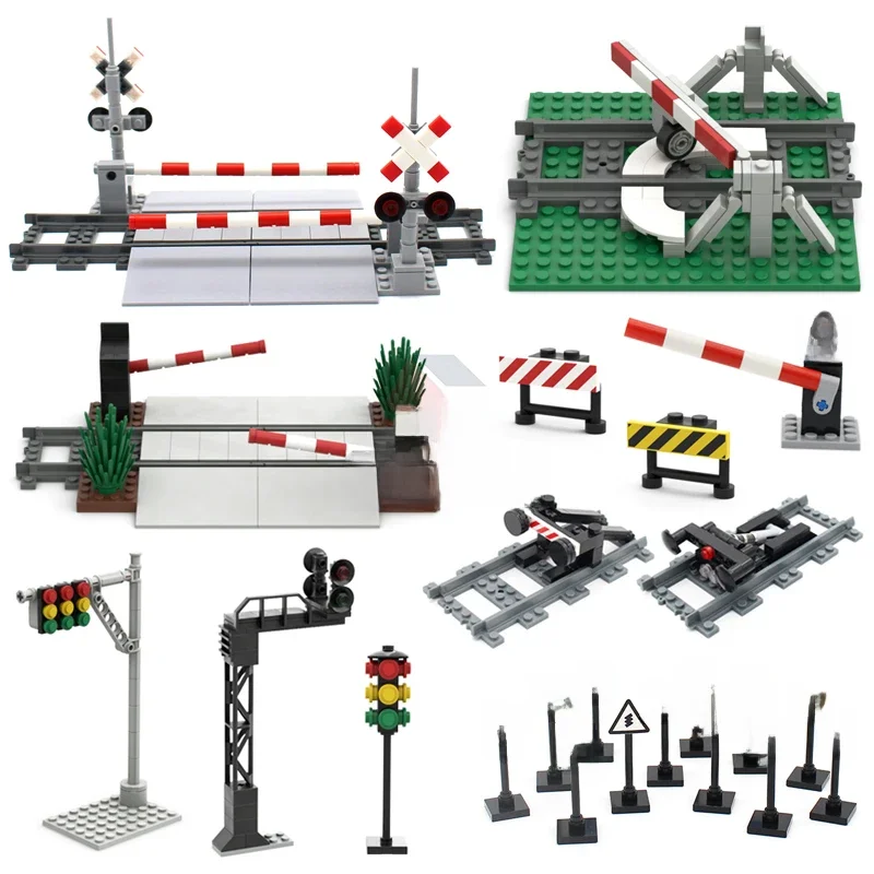Blocs de construction de barrière ferroviaire, feu de circulation urbaine, accessoires MOC Street View, briques, indicateur de limite de vitesse, jouets d'avertissement