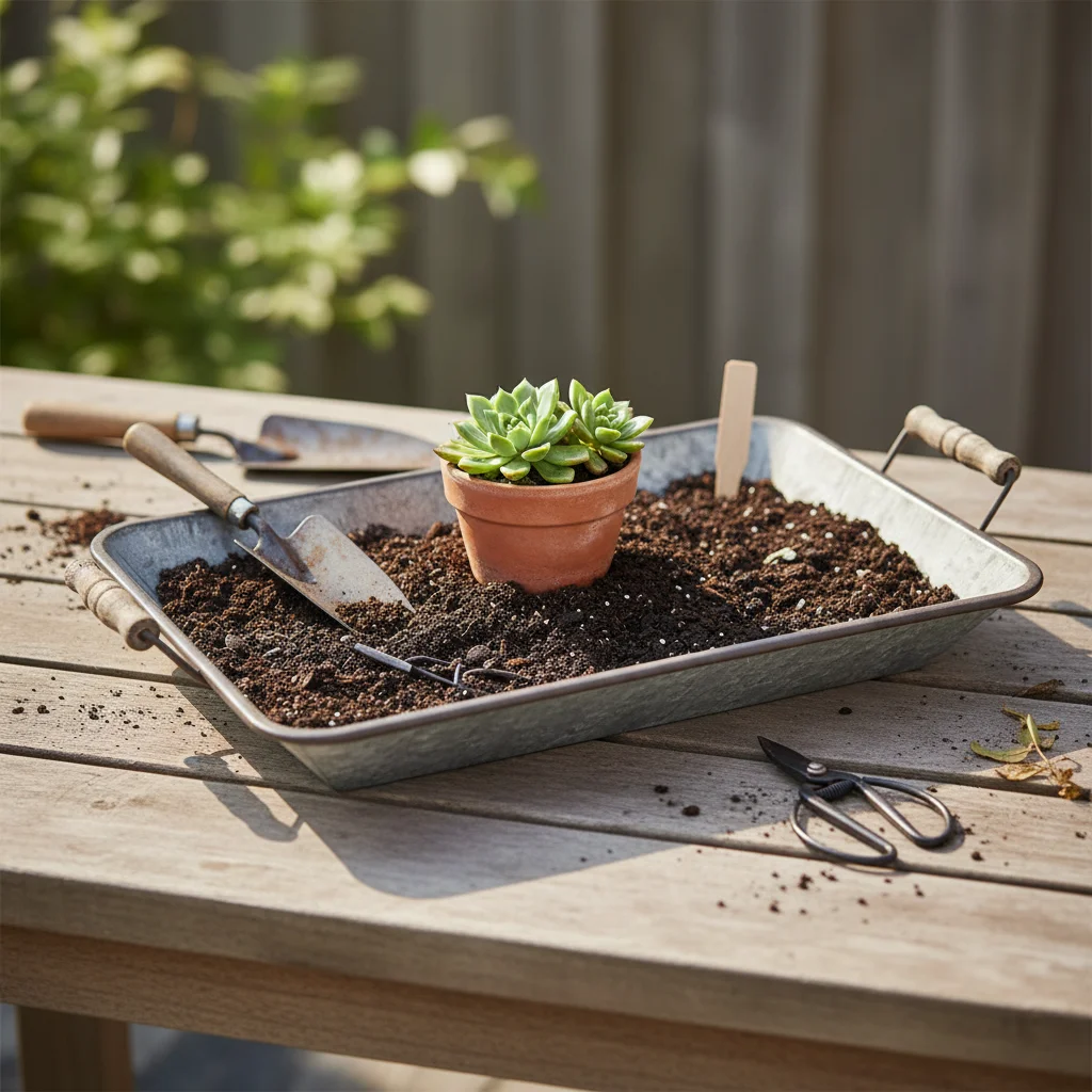 Distressed Galvanized Metal Repotting Tray, Rustic Wood Handles Garden Organizer, Vintage Plant Tray, Farmhouse Serving Tray