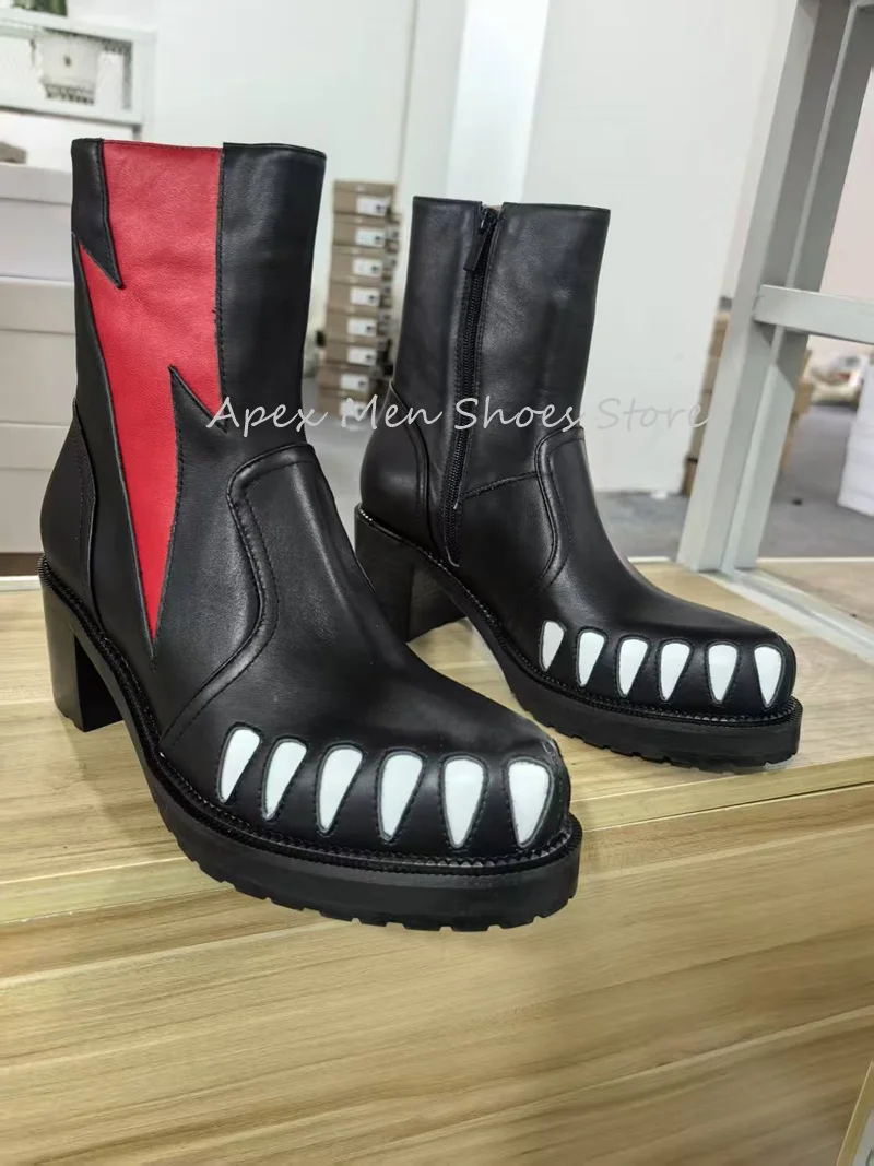 

Men's Red Pattern Round Toe Short Boots High Heel Fangs Shape Thick Bottom Non Slip Work Boots Side Zipper Outdoor Boots