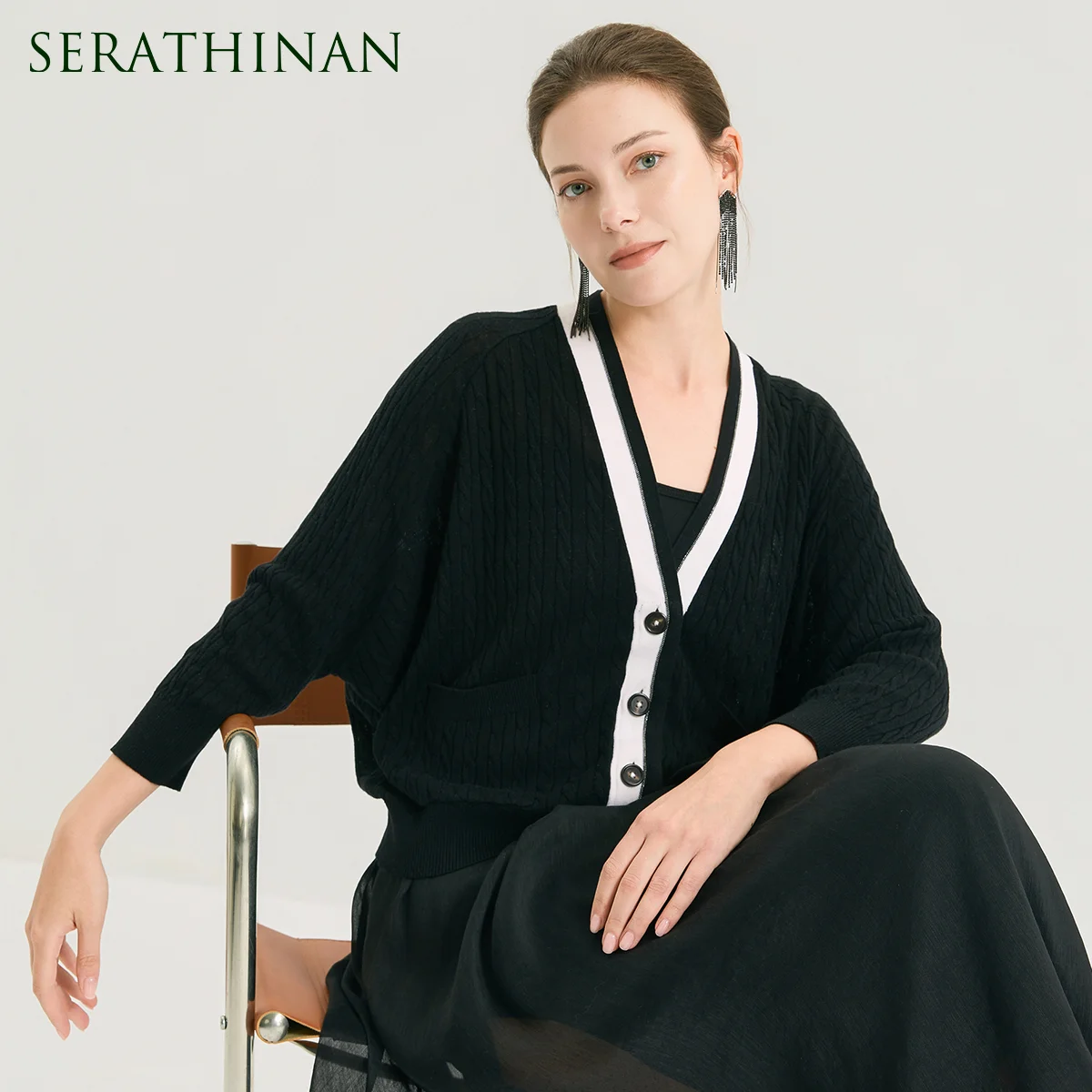 

BY4611447 Designer V-Neck Silk Linen Blend Cardigan Women's Cable Knit Batwing Sleeve Casual Loose Luxury Soft Spring Knitwear