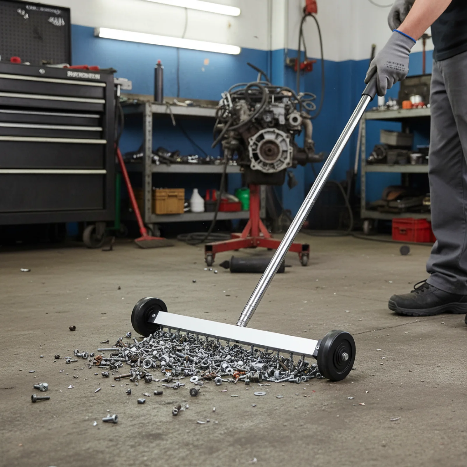 

Pick Up Sweeper with Wheel Telescoping Magnetic Pickup Sweeper Portable Metal Debris Collector Tool for Workshop and Garage