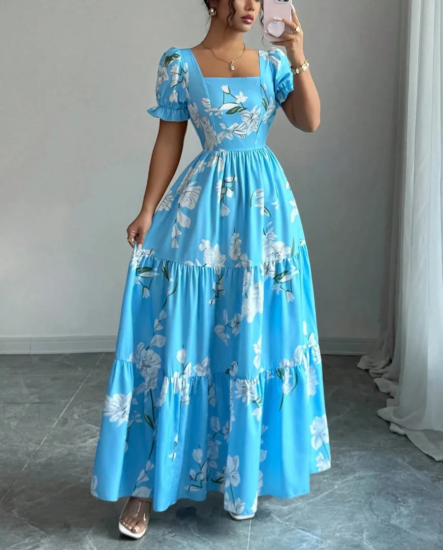 2026 Sommer Damen Maxikleid mit Blumenmuster, Elegantes langes Kleid mit eckigem Ausschnitt, Abendkleid für Dating und Hochzeitsfeiern