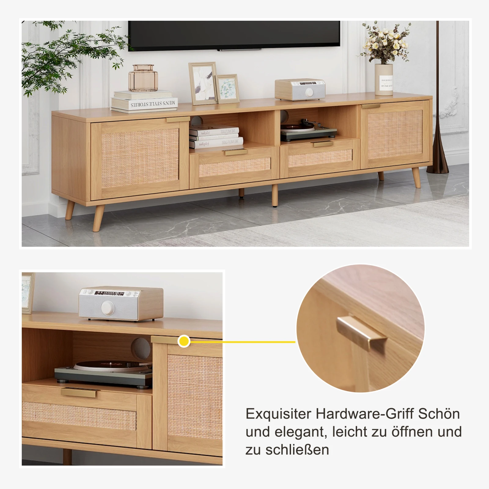 TV-Konsolen tisch, 200*37*49cm, TV-Schrank mit echtem Rattan-Design, TV-Schrank mit Massivholz füßen, geflochtene Rattan-TV-Boards