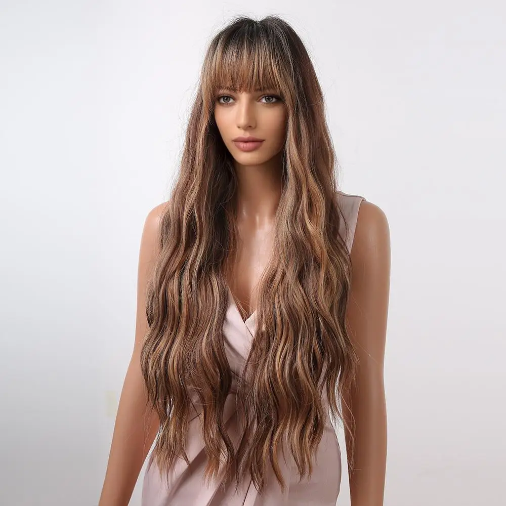 Synthetic Natural Ombre Brown Long Big Wavy Hair Full Head Cover Wig 8-2039-1
