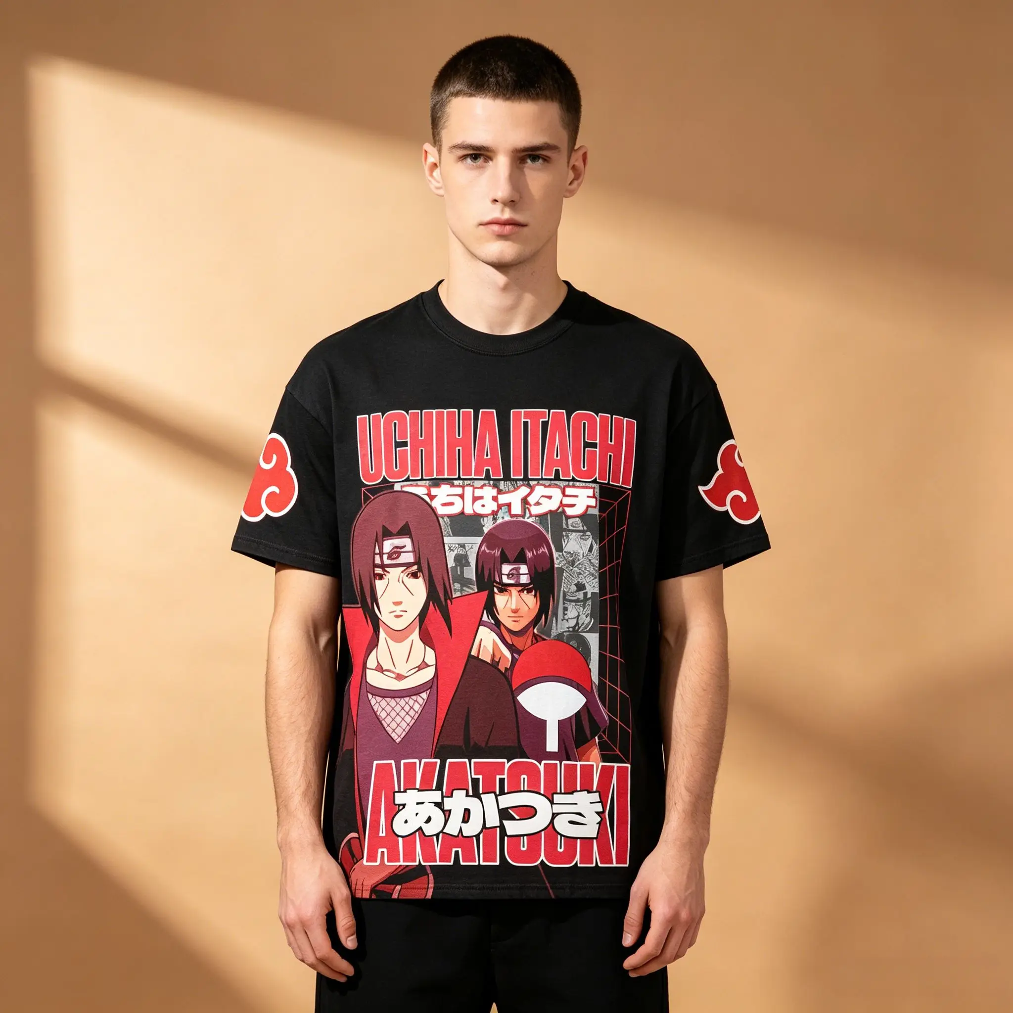 Herren Uchiha Itachi Akatsuki Vintage Anime Grafik T-Shirt, Naruto Rote Wolke Ärmel Otaku Streetwear Kurzarm Casual Tee