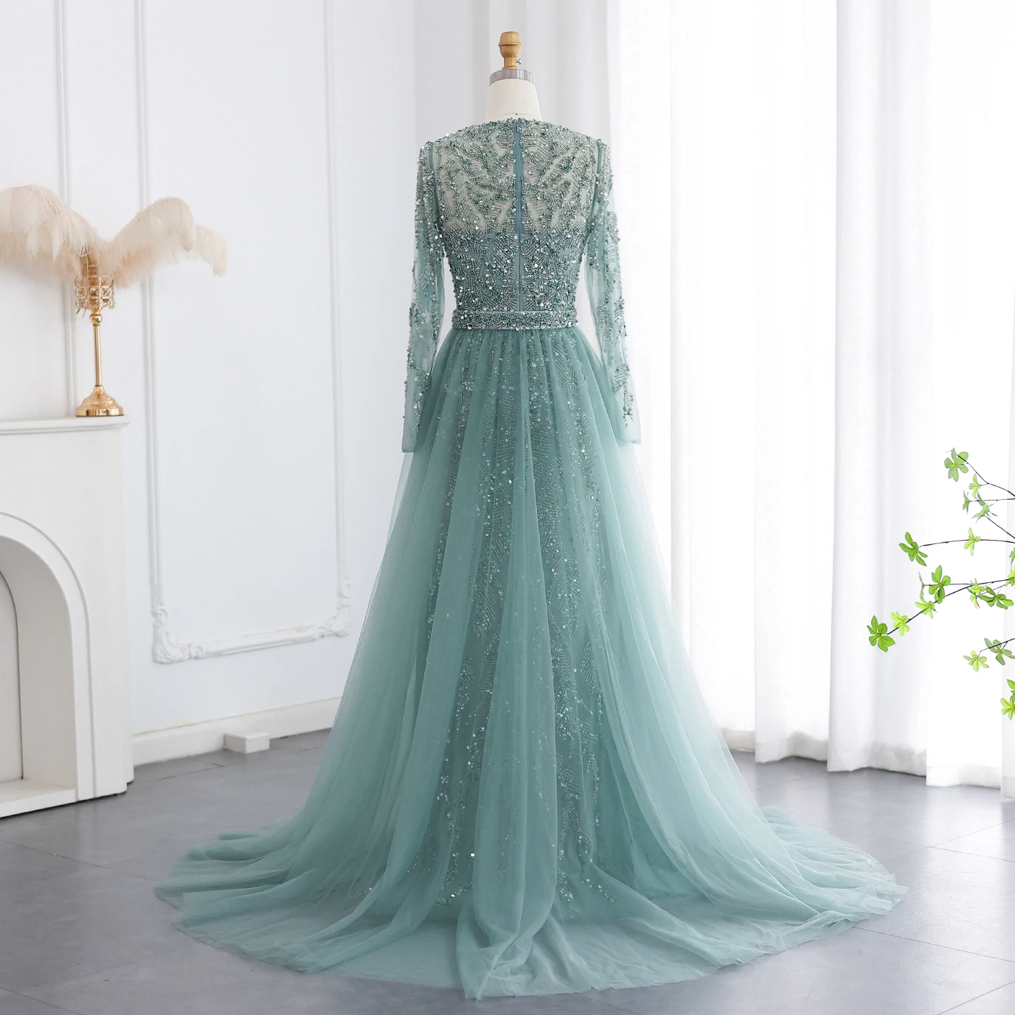 Sharon Said Luxuriöses Dubai Tüll Türkis Nude Meerjungfrauen-Abendkleid mit Überrock Arabisches Hochzeits-Formal-Partykleid SS183 Maßanfertigung – Detail 16