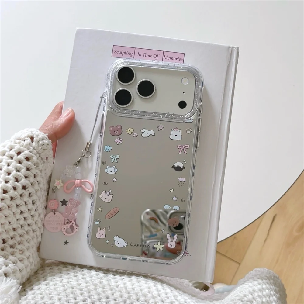

Cute Puppy Rabbit Mirror Phone Case for iPhone 15 Pro 17 Max 16 Pro Max 17 16 Fundas Shockproof Cover Cartoon Protection Cases