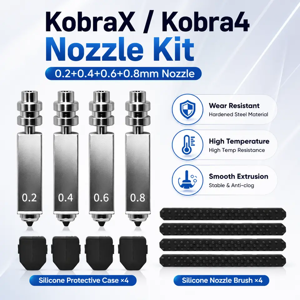 طقم فوهة ثنائية المعدن Anycubic Kobra X/Kobra 4 مقاس 0.2 و0.4 و0.6 و0.8 ملم مع ممسحة سيليكون لاكسسوارات طابعة ثلاثية الأبعاد