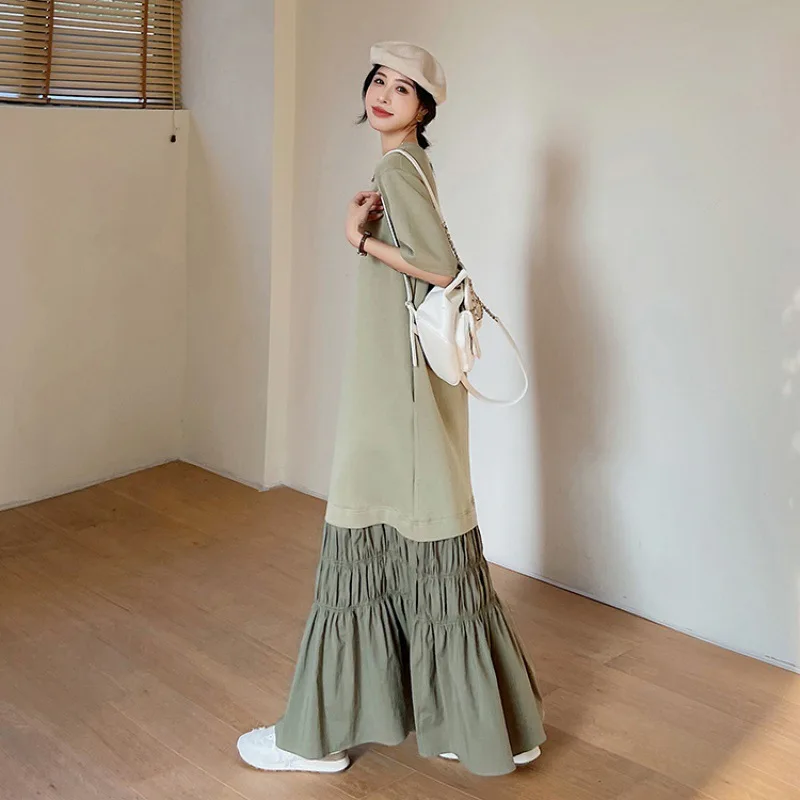 Summer Casual Extended Korea Woman Dress Vestidos Round Neck Robe Elbise Loose Plus Size Patchwork Hem Short Sleeve Long Dress