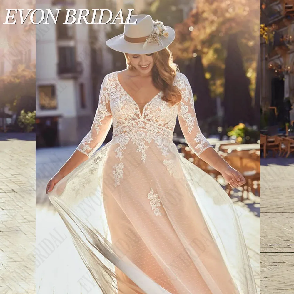 EVON BRIDAL V-Neck Plus Size Wedding Dresses For Woman Backless 3/4 Sleeves Applique A-Line Tulle Lace Vestidos De Novia