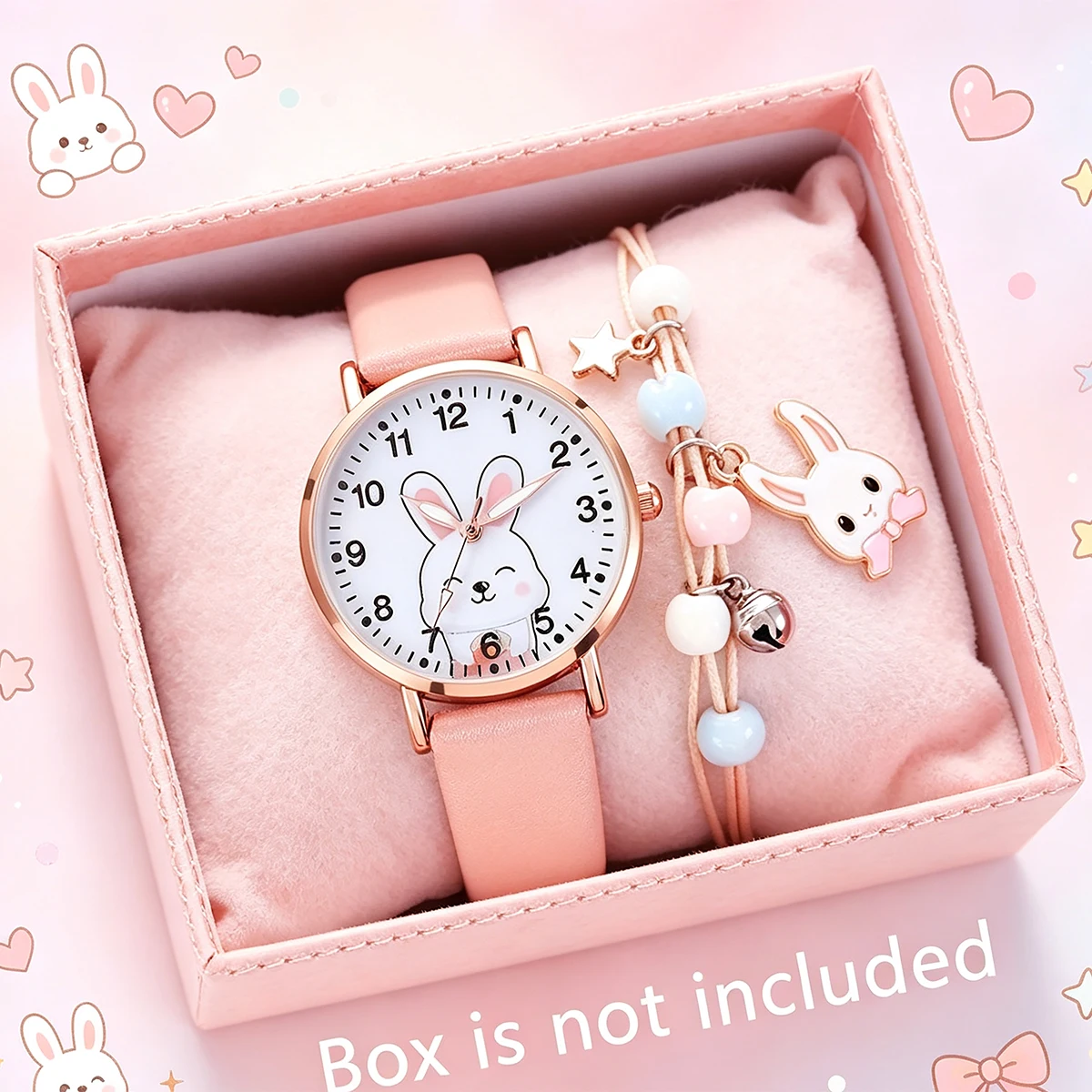 2-Piece Set of New Cute Pink Children's Watches with Rabbit Cartoon Pattern Decoration, Suitable for Daily Wear, Exquisite Birthday Gift