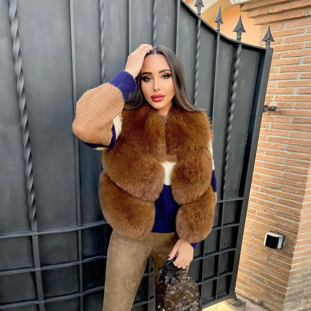 

Woman Short Brown Real Fox Fur Vest V-Neck Natural Women High Quality Genuine Fox Fur Coat Sleeveless Fur Overcoats Luxury